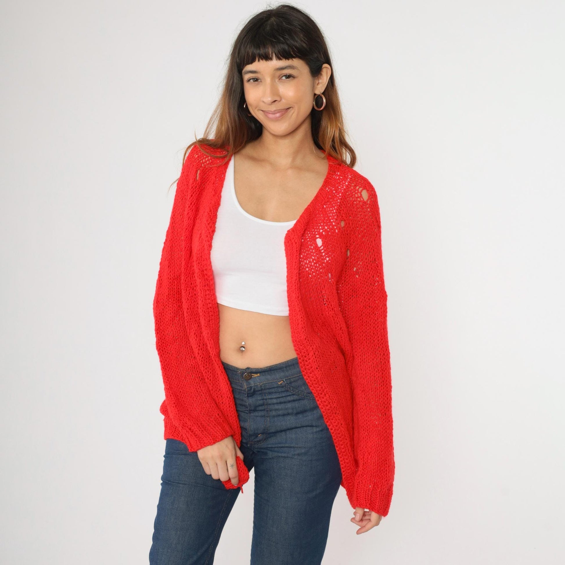 70s Red Cardigan Sweater Open Weave Sheer Knit Long Sleeve Large