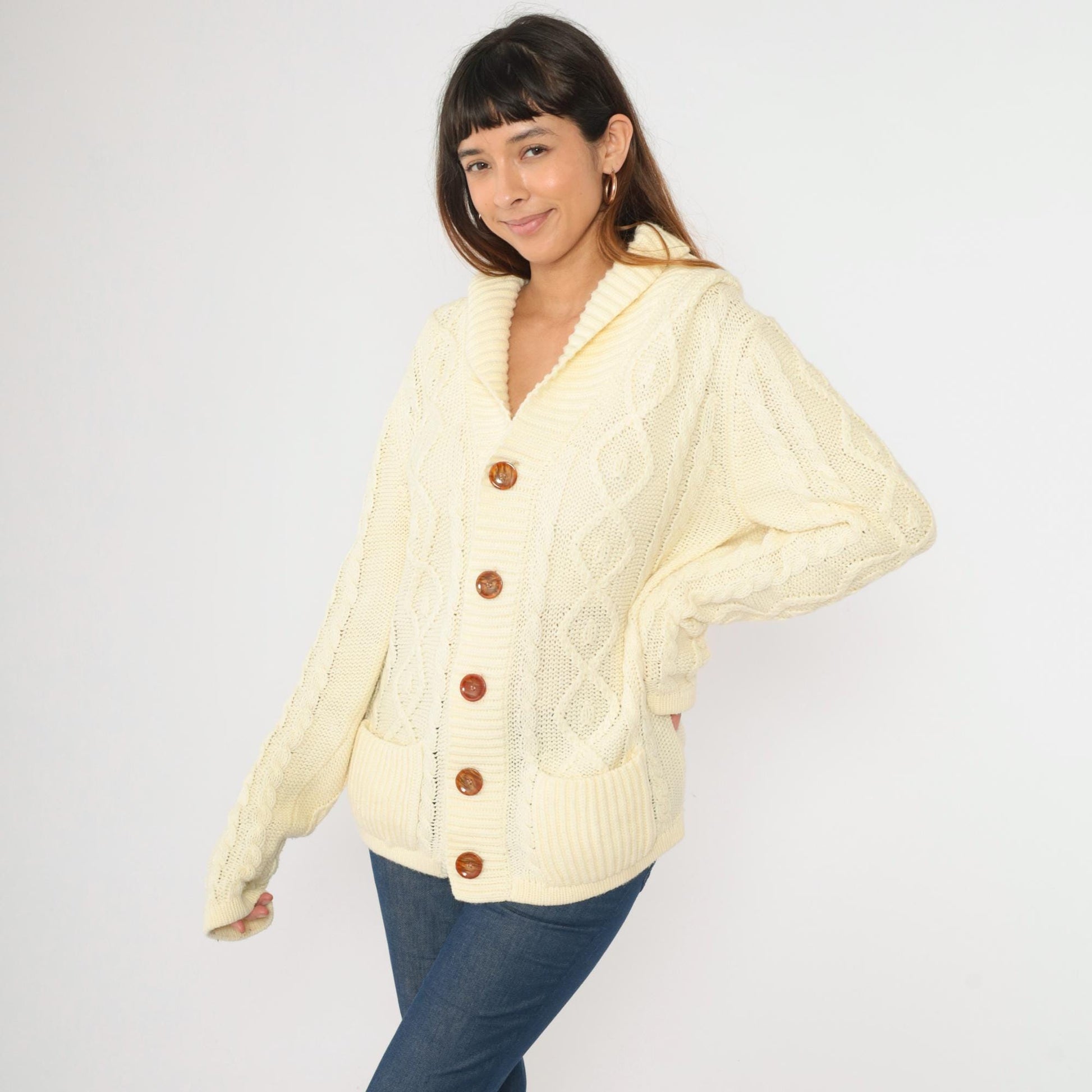 70s Richman Brothers Cable Knit Cardigan Cream Shawl Collar Medium