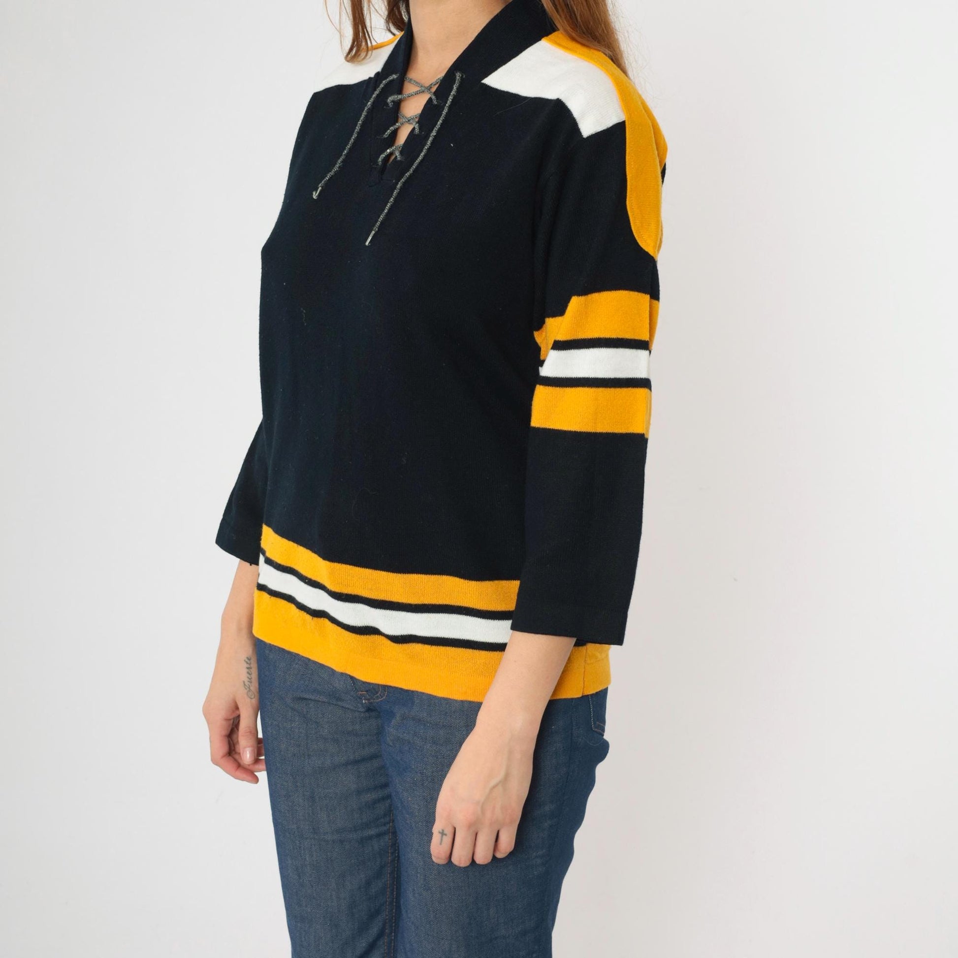 70s Franklin Hockey Jersey Sweater Black Gold Striped Lace-Up Large L