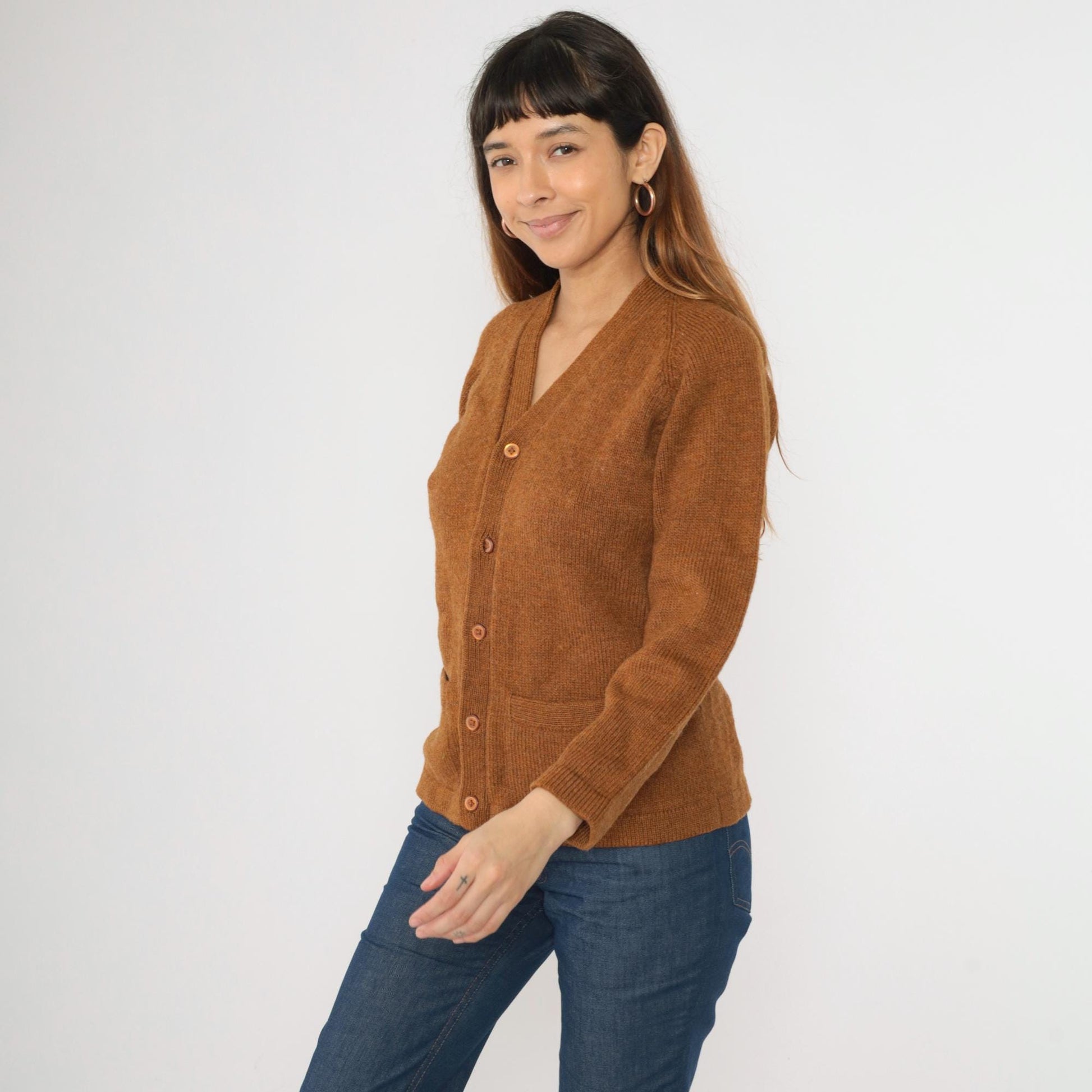 70s Flecked Brown Wool Cardigan V Neck Button Up Knit Sweater Small Medium
