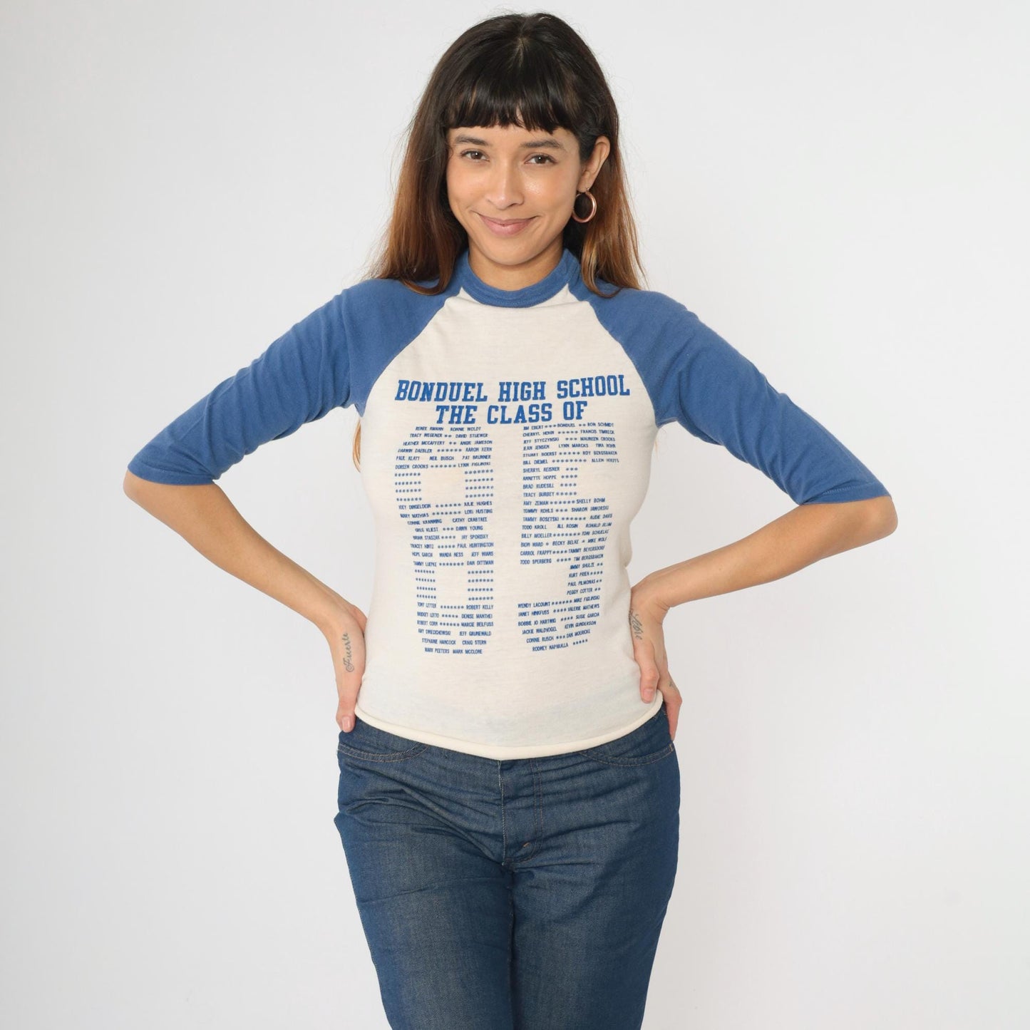 80s Bonduel High School Class of 1985 Raglan Baseball Tee Blue White Graphic Small