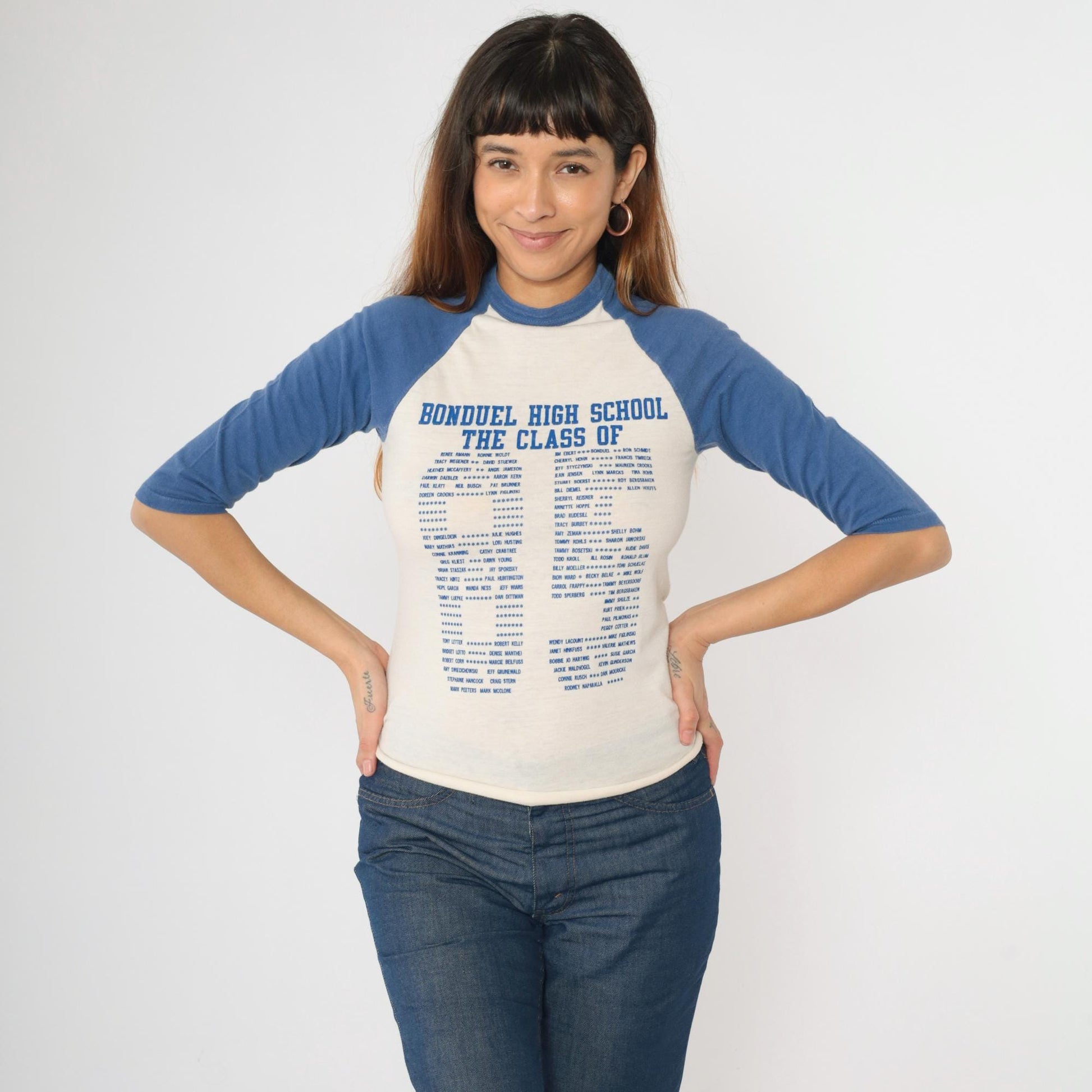 80s Bonduel High School Class of 1985 Raglan Baseball Tee Blue White Graphic Small