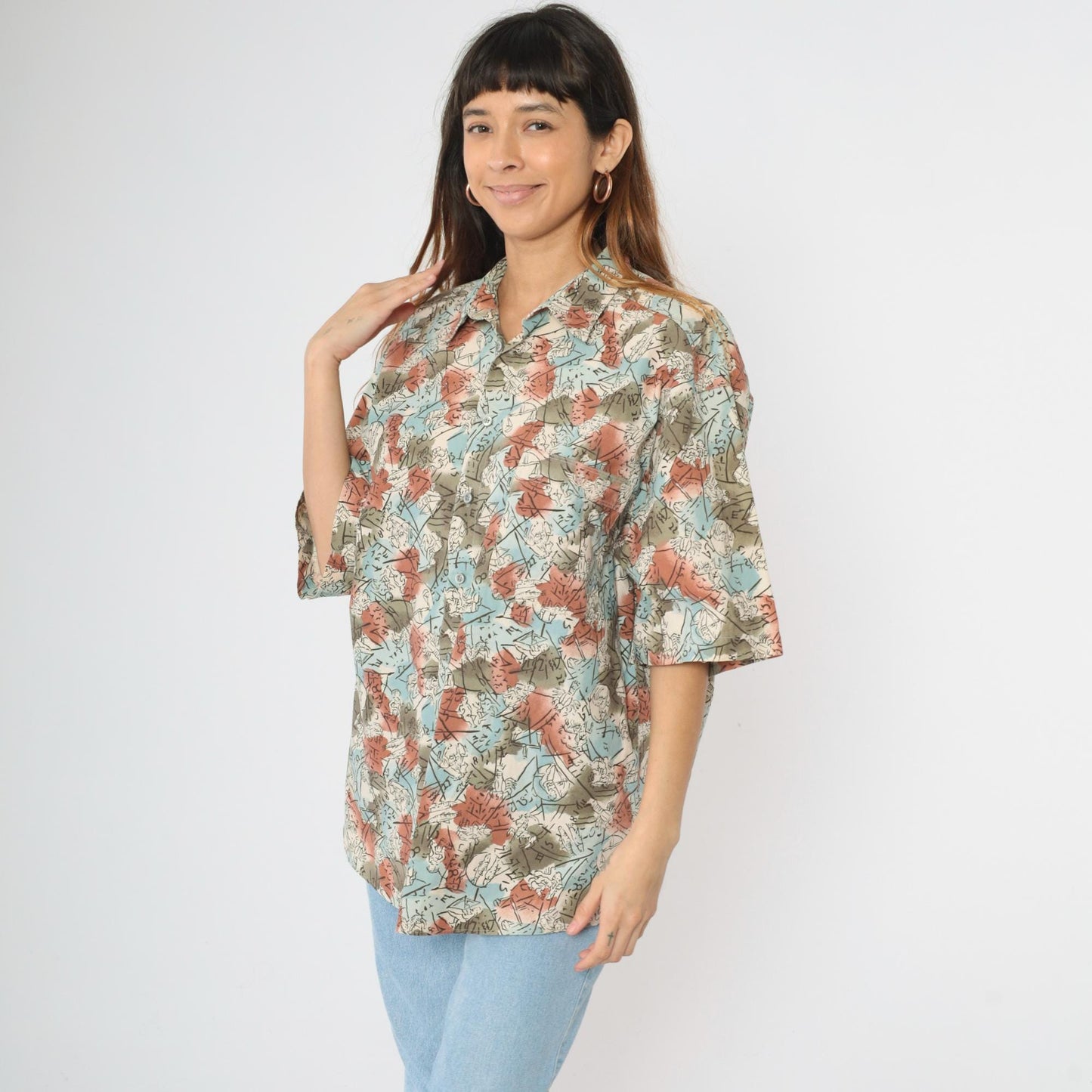 90s Dockers Zodiac Print Button Up Shirt Olive Green Blue Cotton Large L