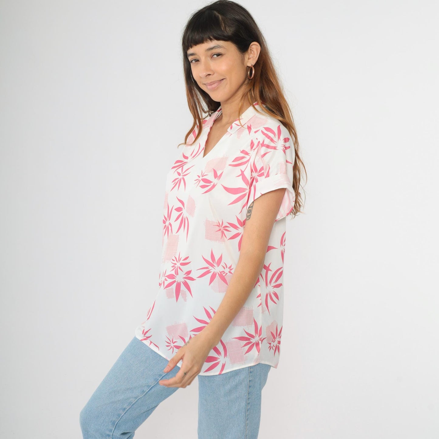 80s Aimee of California Hawaiian Shirt White Pink Tropical Print V-Neck Large L