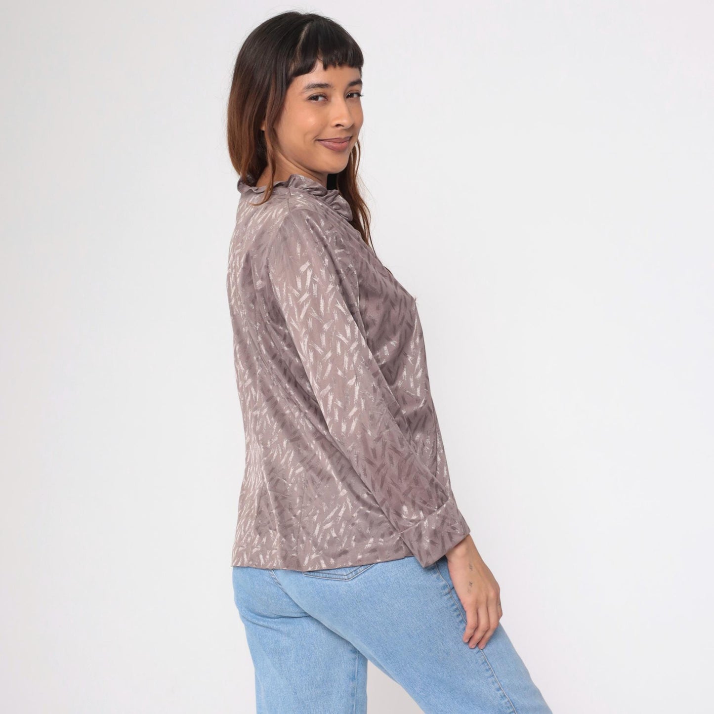 80s Taupe Jacquard Blouse Ruffle Collar Button Up Long Sleeve Large L