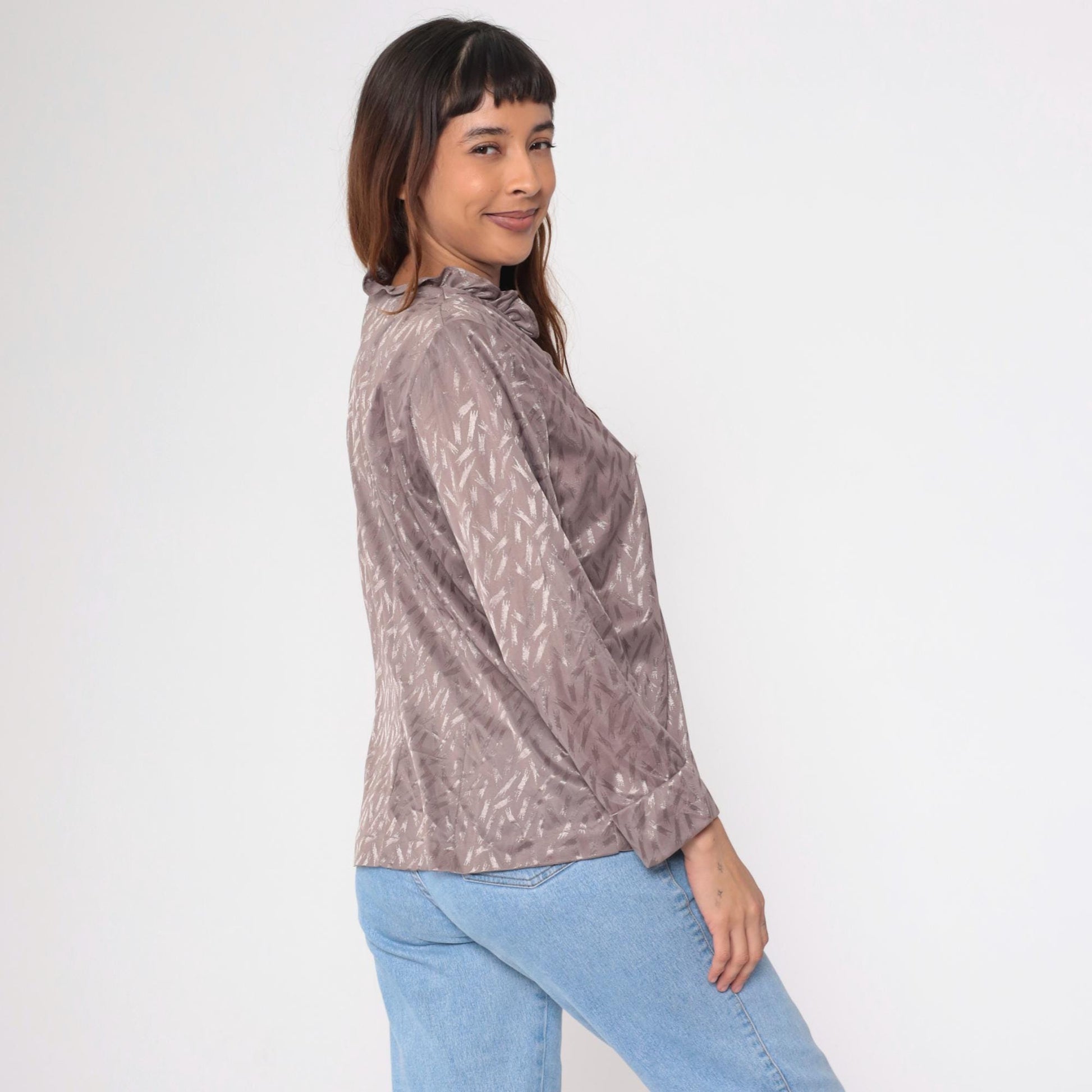 80s Taupe Jacquard Blouse Ruffle Collar Button Up Long Sleeve Large L