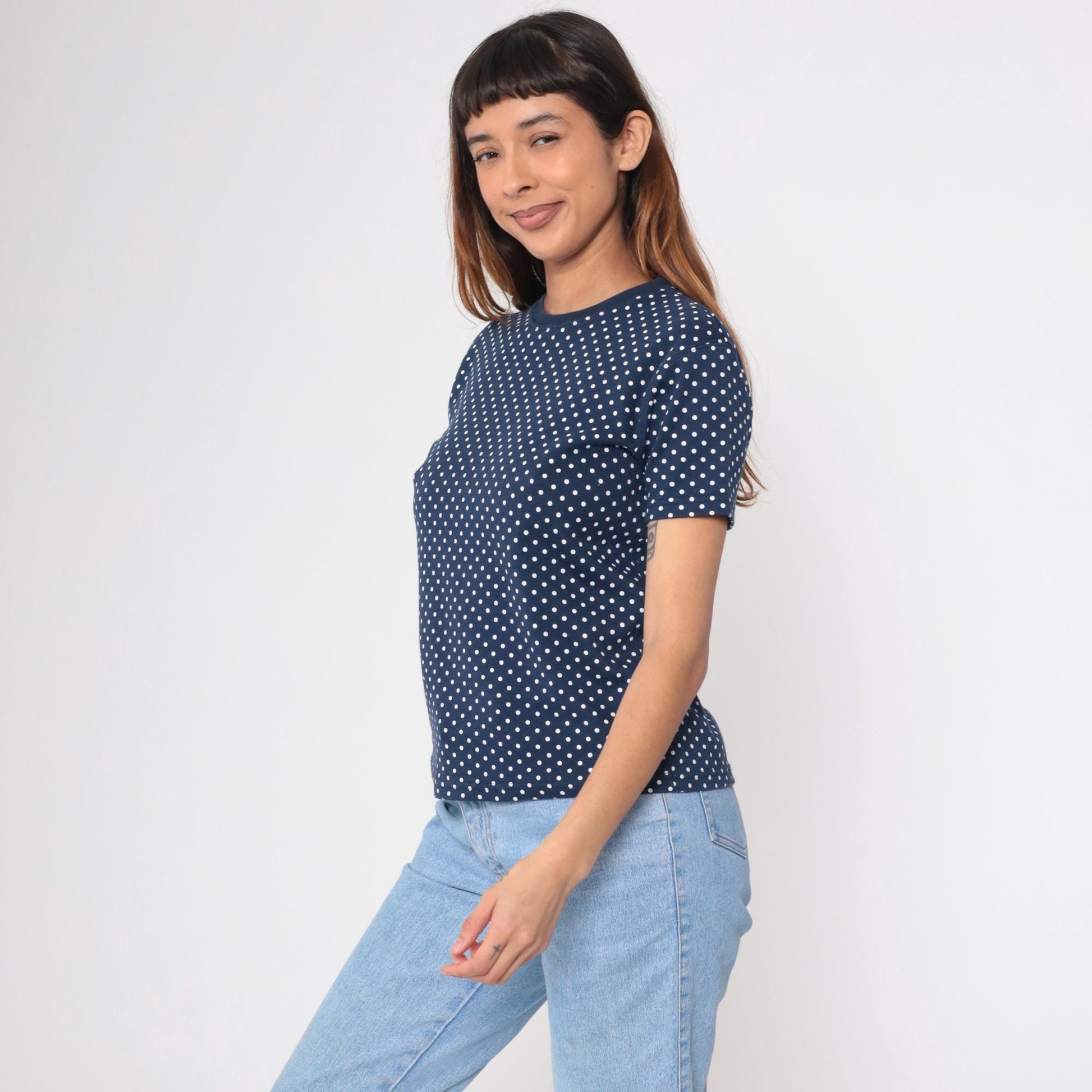 90s Navy Polka Dot T-Shirt White Dots Crewneck Petite Small