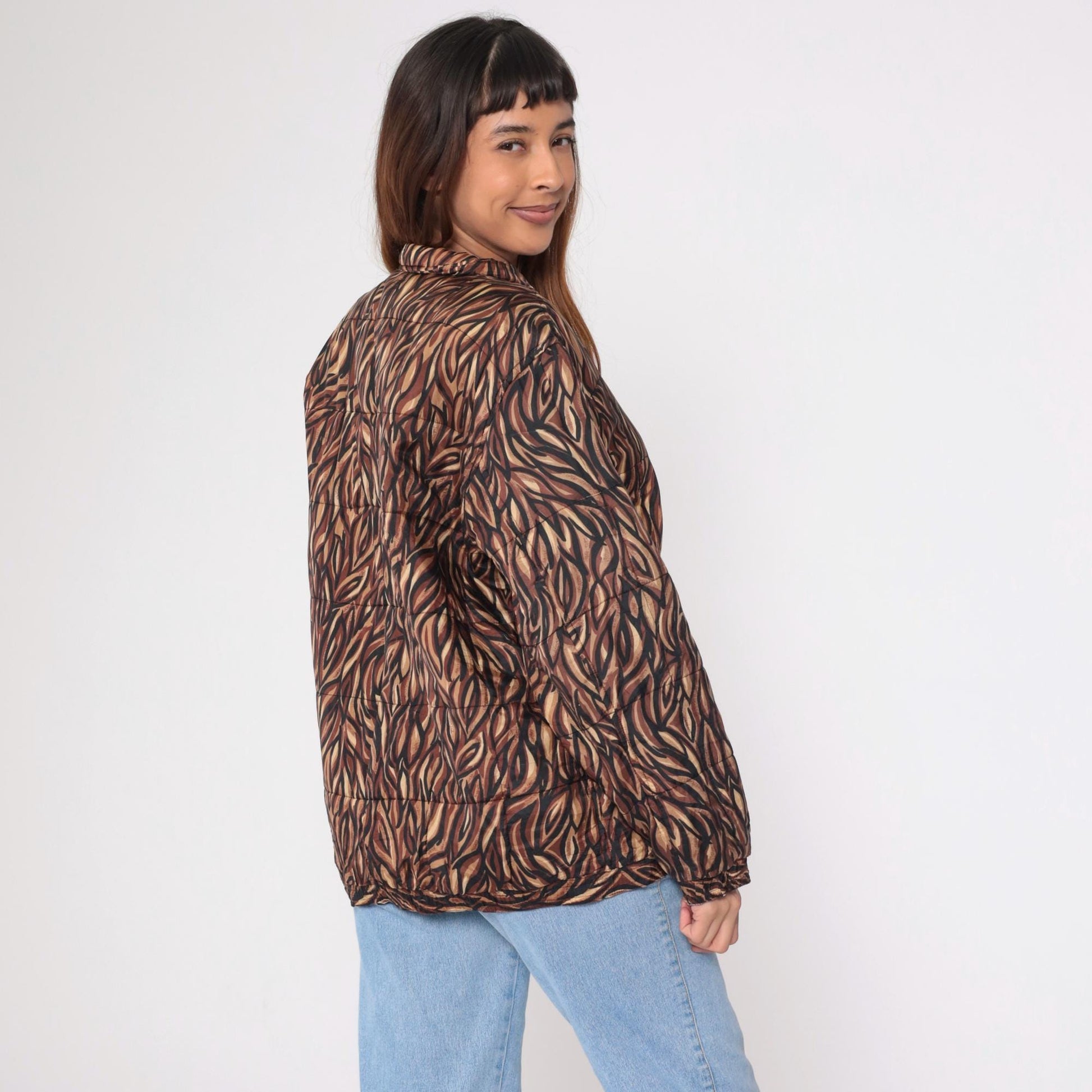 90s Clio Silk Puffer Jacket Abstract Animal Print Brown Medium