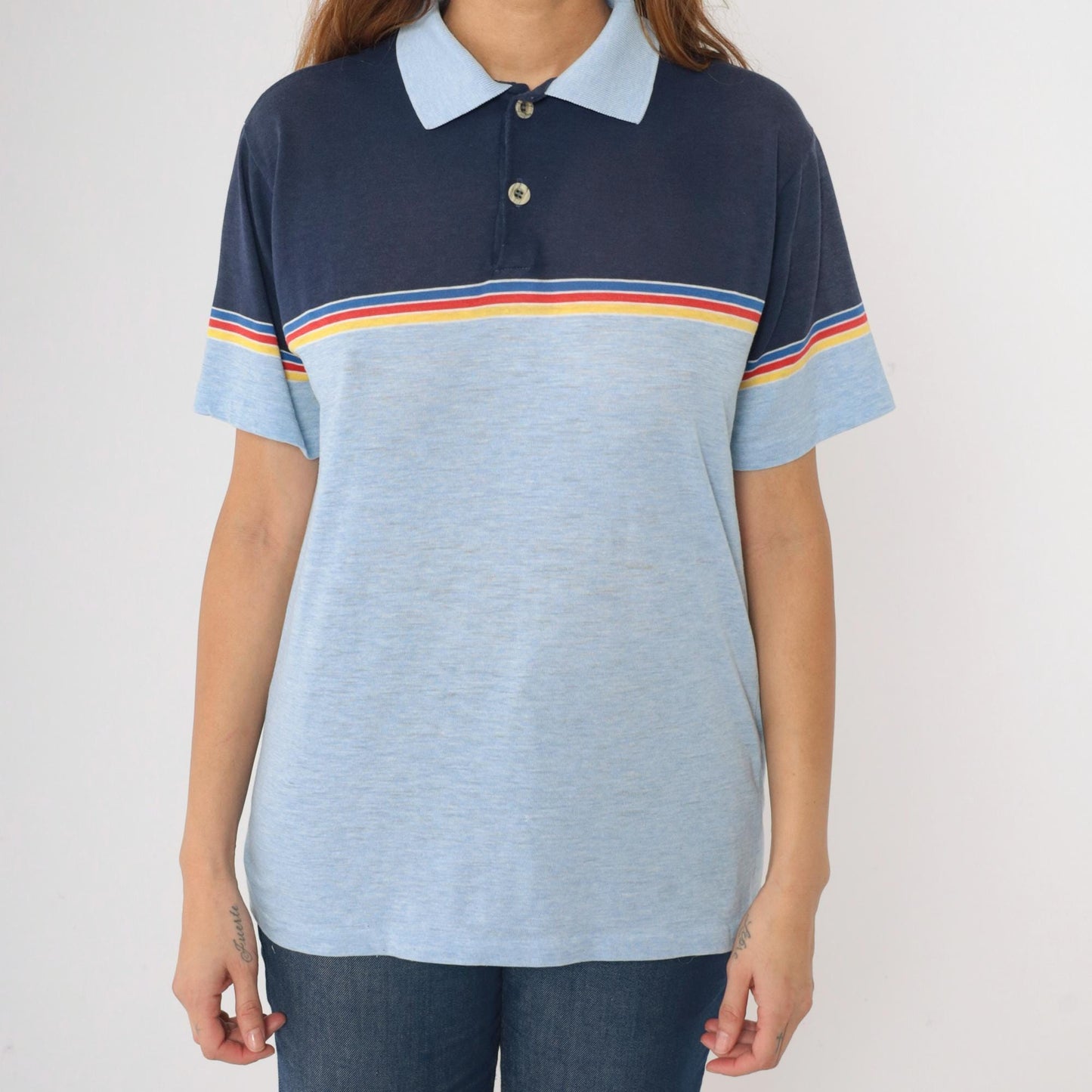 80s Campusport Polo Shirt Baby Blue Navy Colour Block Striped Medium