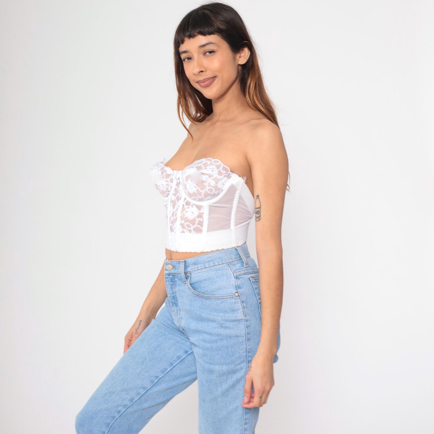 80s White Lace Bustier Corset Boned Strapless Sweetheart Bra 36C