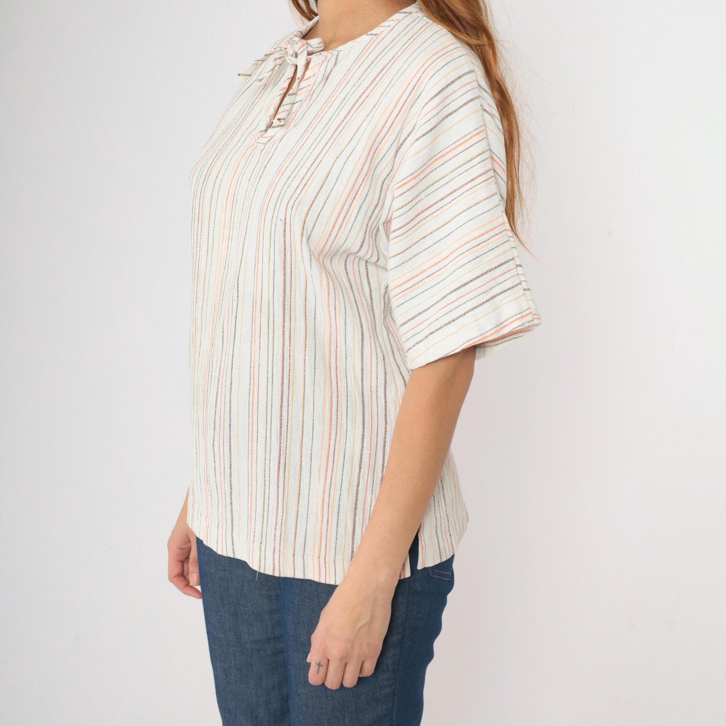 70s Striped Tunic Top White Keyhole Tie Neck Short Sleeve Small