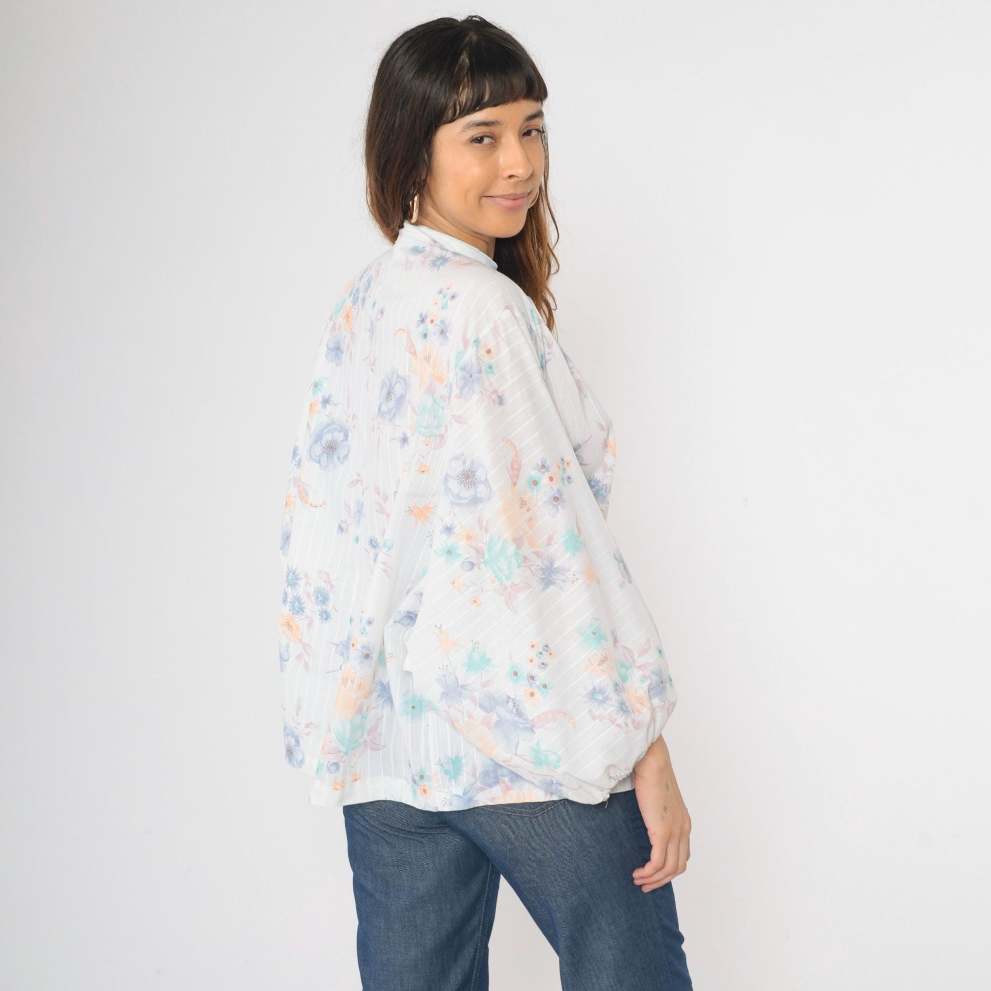 70s Pastel Floral Mandarin Collar Blouse Batwing Sleeve Button Up Large L