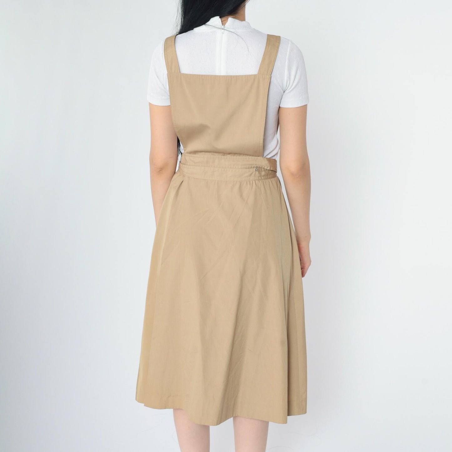 70s Khaki Midi Pinafore Dress High Waist Sleeveless Pockets Small
