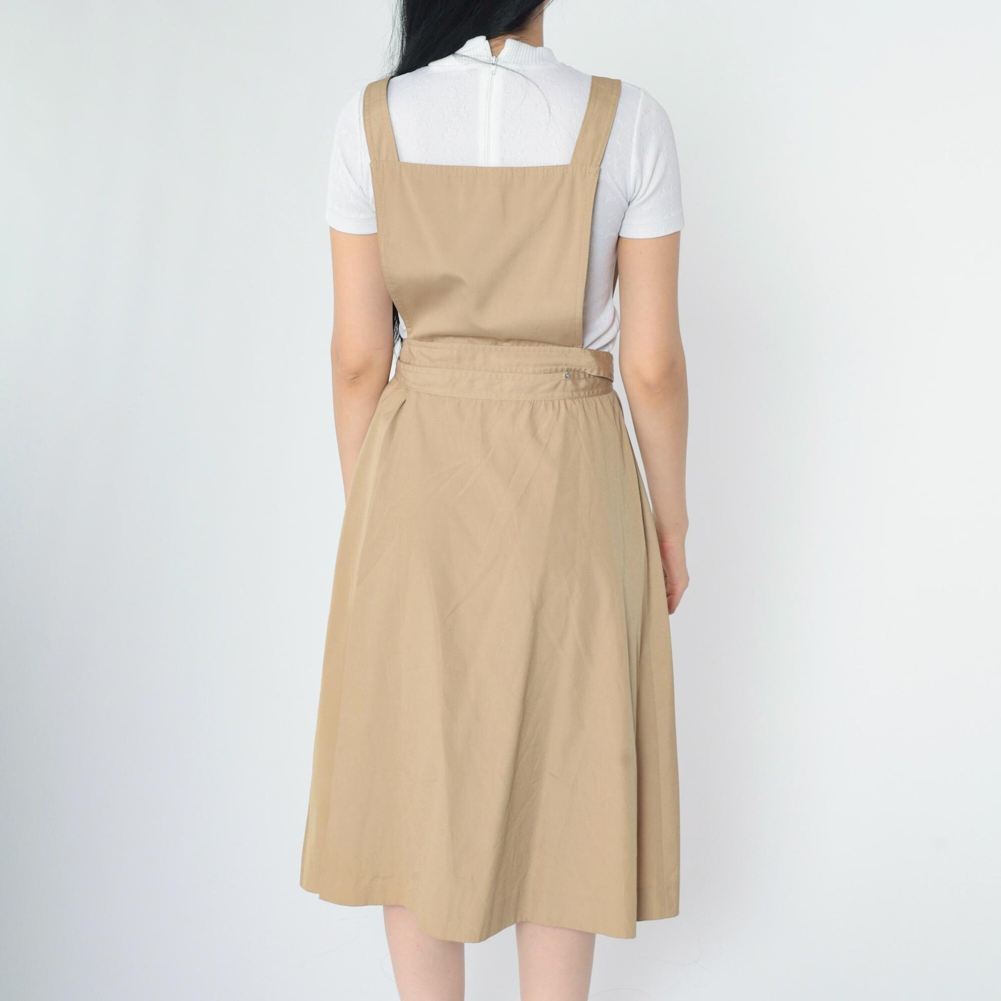 70s Khaki Midi Pinafore Dress High Waist Sleeveless Pockets Small