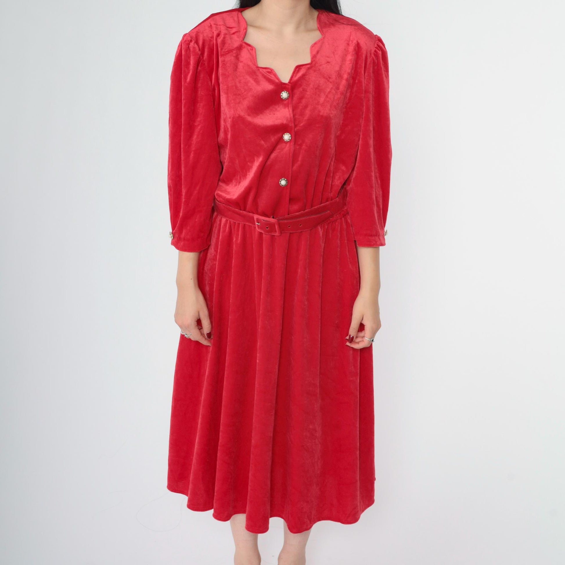 00s Red Velour Midi Dress Puff Sleeve Scallop Neck Button Up High Waist Large