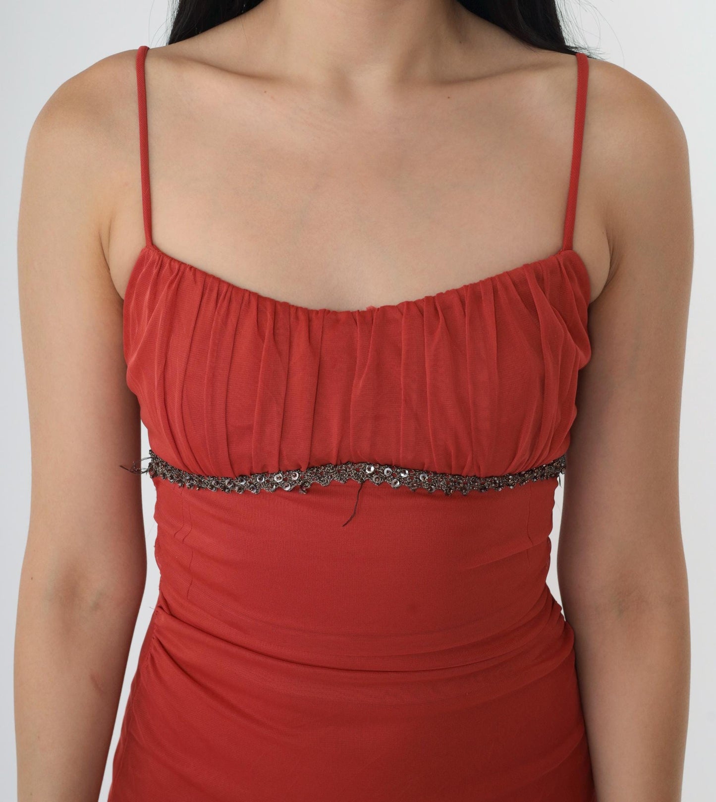 Y2K Ruby Rox Rust Midi Dress Ruched Spaghetti Strap Bodycon Asymmetrical Small