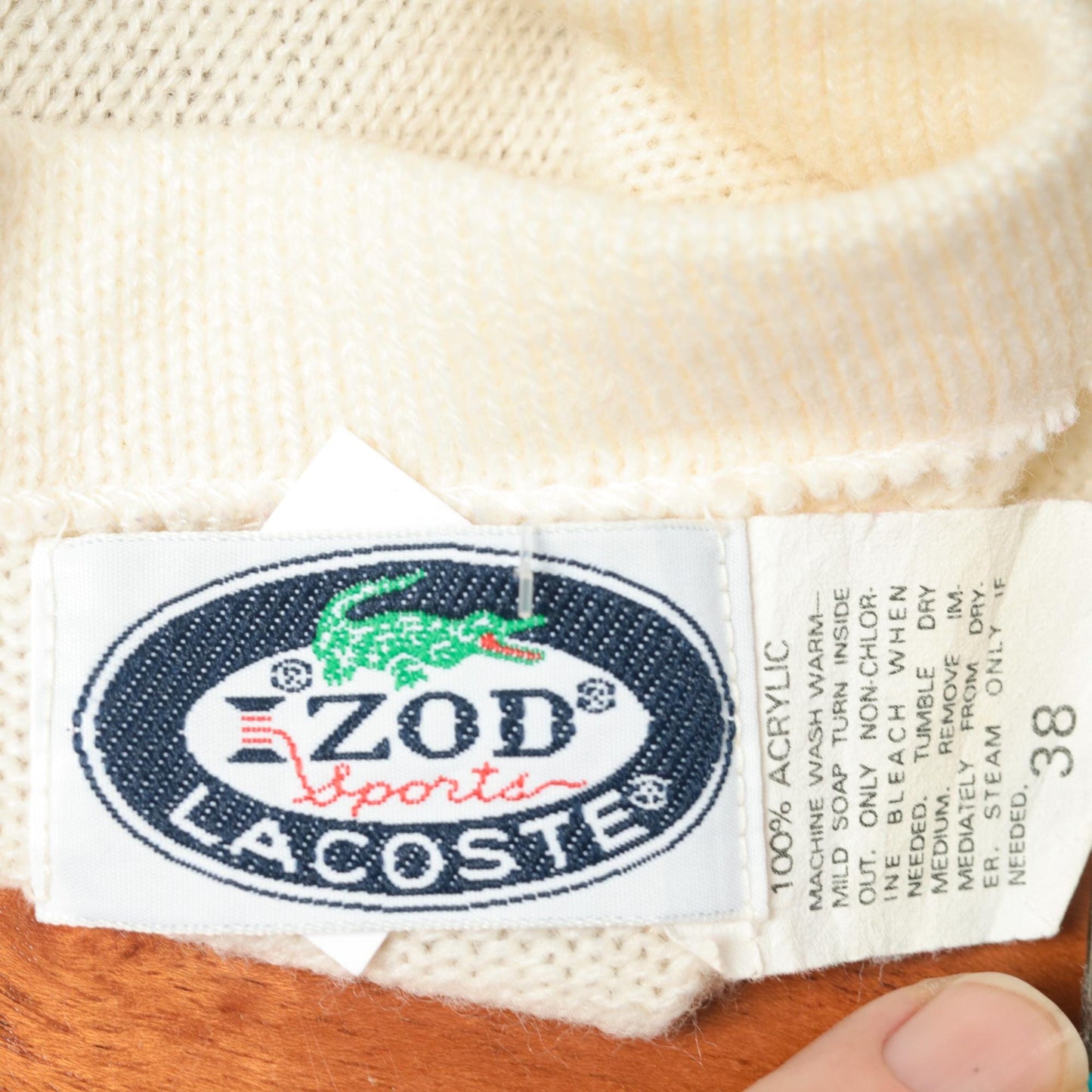 80s Izod Lacoste Boatneck Sweater Cream Knit Crocodile Logo Medium