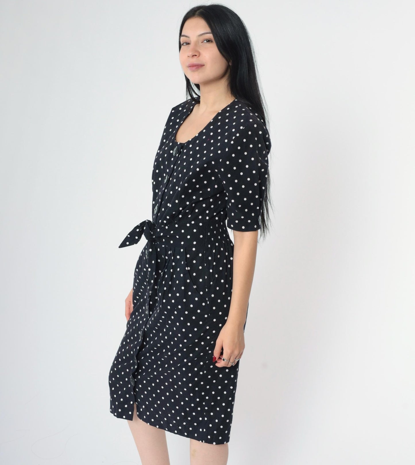 90s Black Polka Dot Midi Dress Button-Up Cotton High Waist Medium