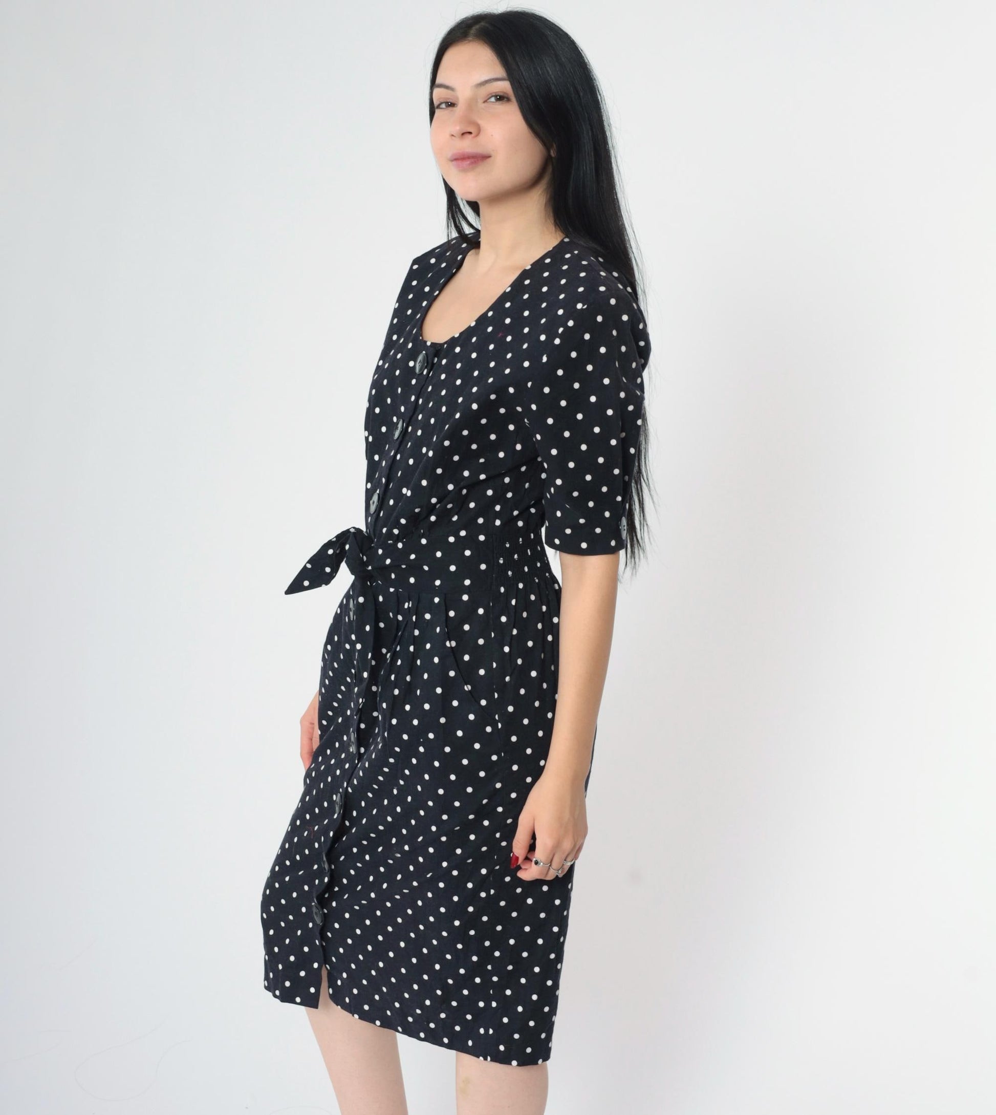 90s Black Polka Dot Midi Dress Button-Up Cotton High Waist Medium