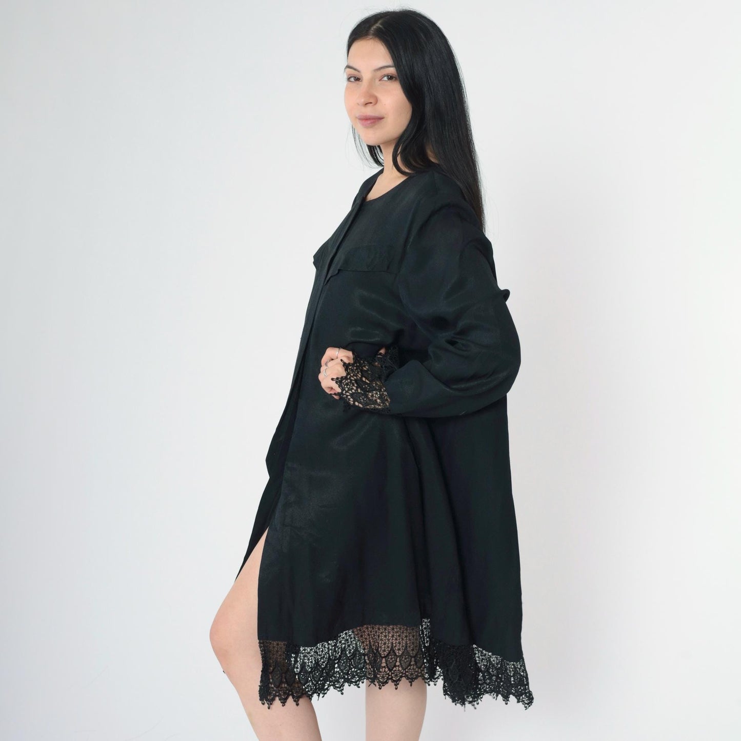 90s Black Lace Trim Button-Up Midi Dress Western Yoke Long Sleeve Extra Large XXL