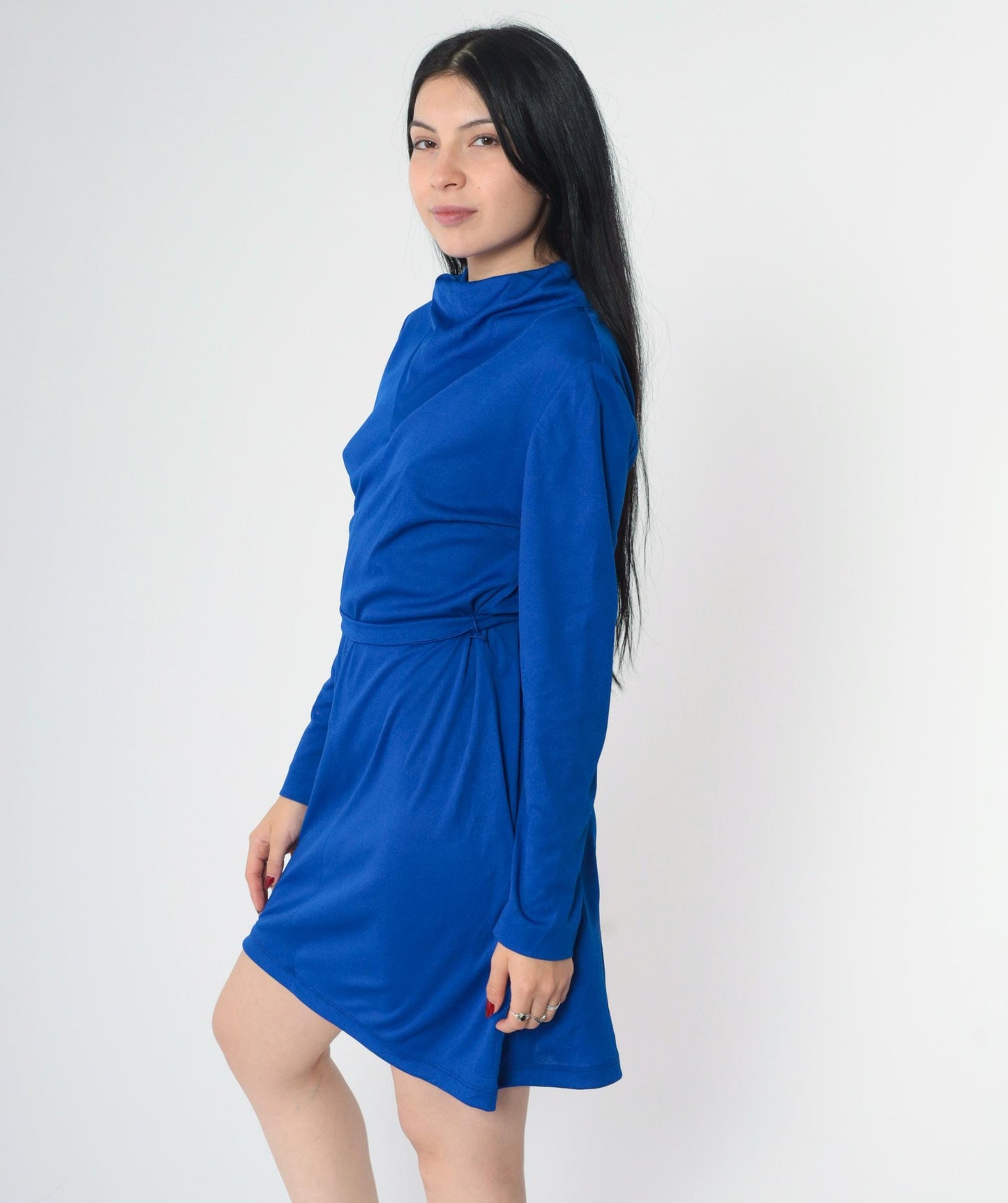 70s L'Aiglon Royal Blue Mini Shift Dress Cowl Neck Long Sleeve Medium M