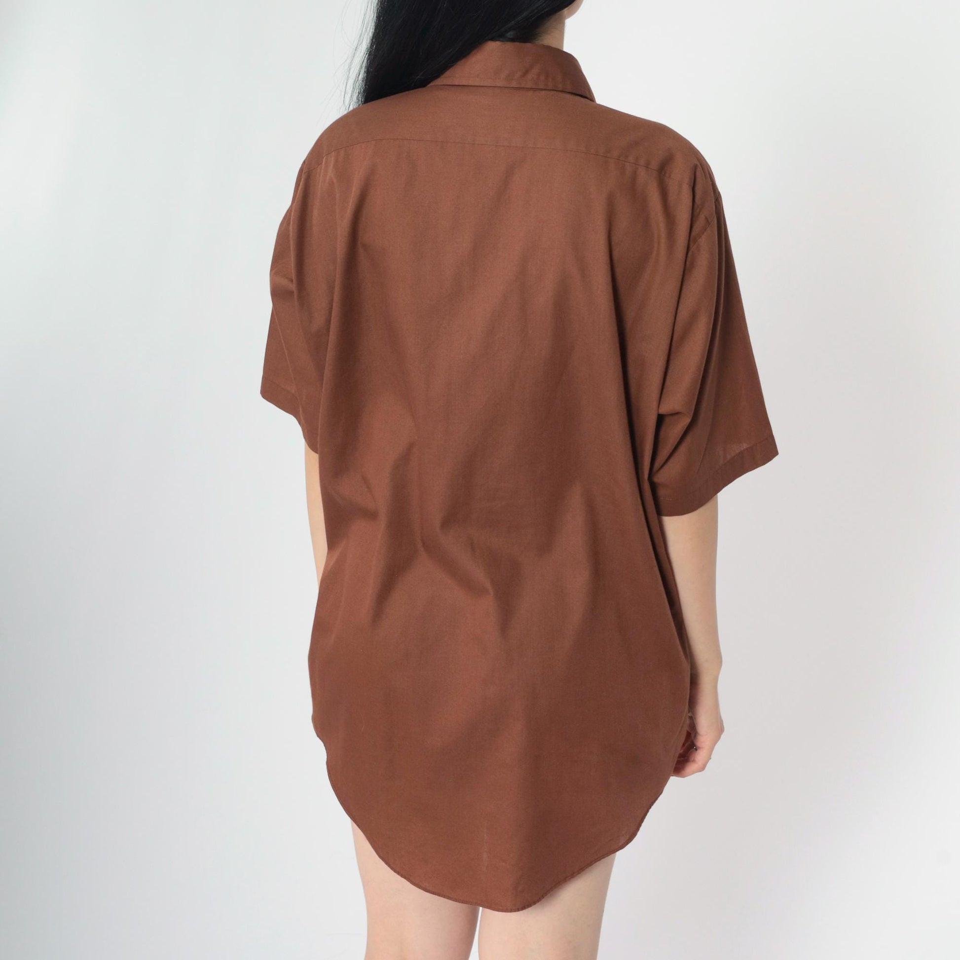 70s Brown Cotton Button-Up Shirt Short Sleeve Collared Men's Large