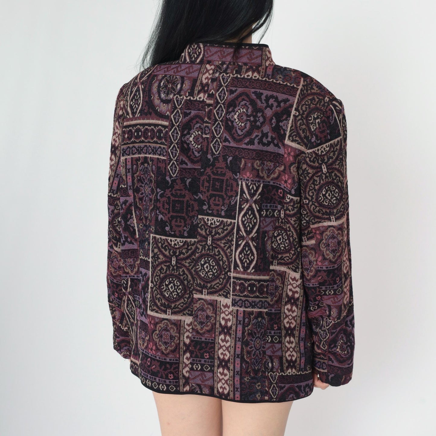 90s Tapestry Jacket Purple Patchwork Geometric Floral Mandarin Collar Medium M