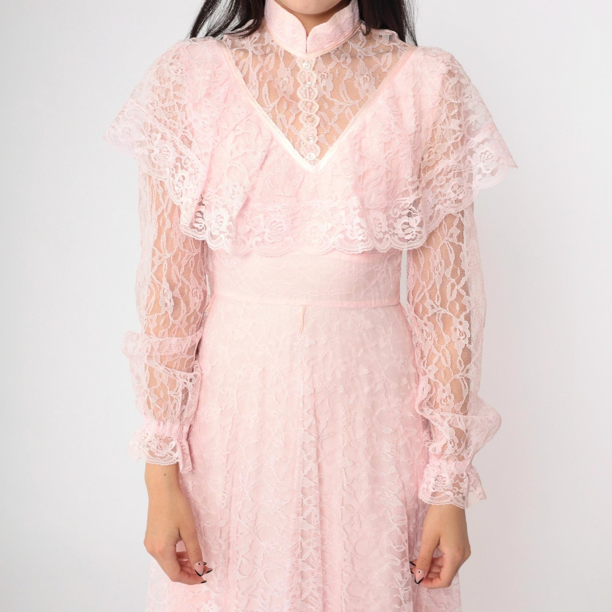 70s Pink Lace Maxi Gown High Neck Sheer Yoke Capelet Tiered Skirt Extra Small