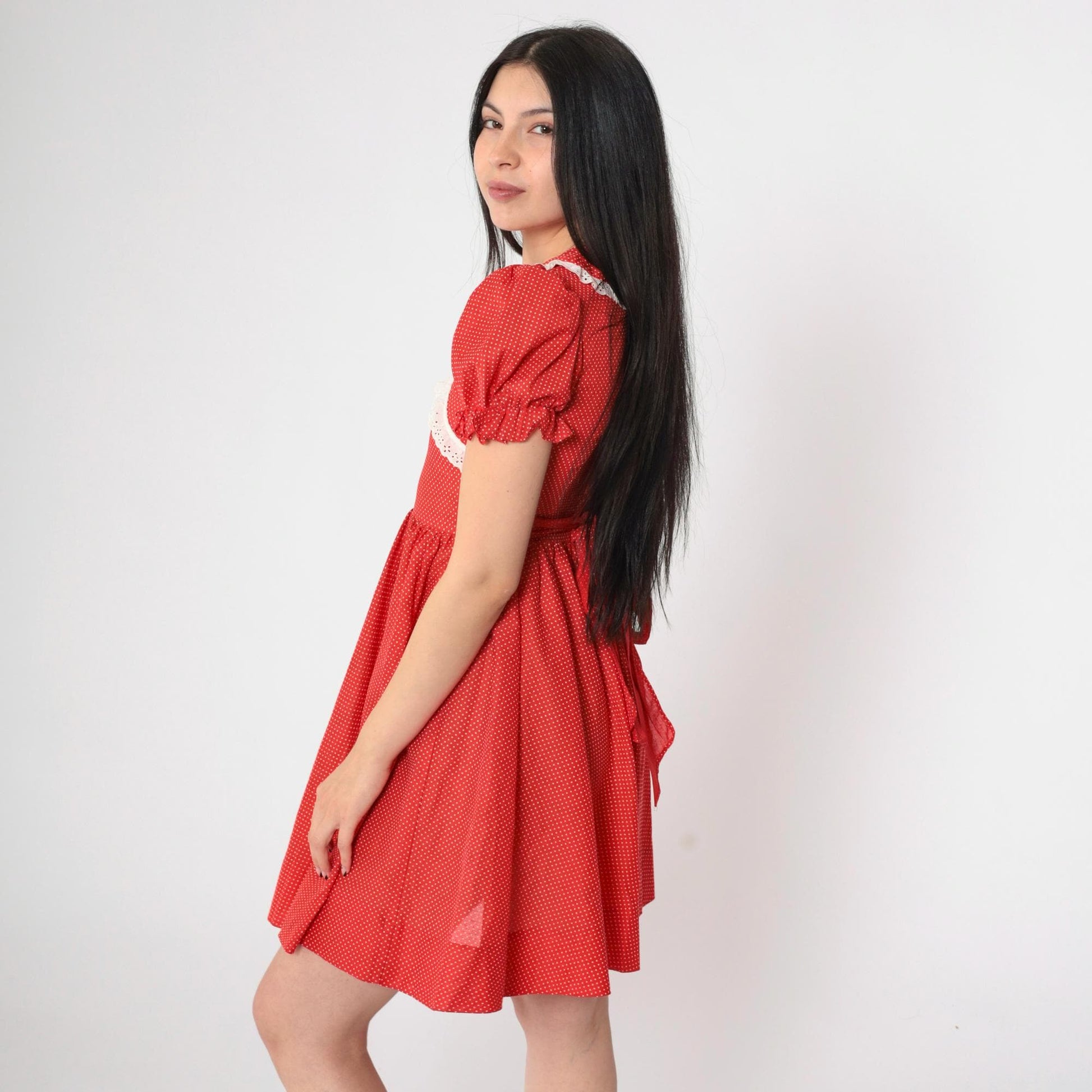 1970s Red Polka Dot Mini Dress Peter Pan Collar Puff Sleeve XXS