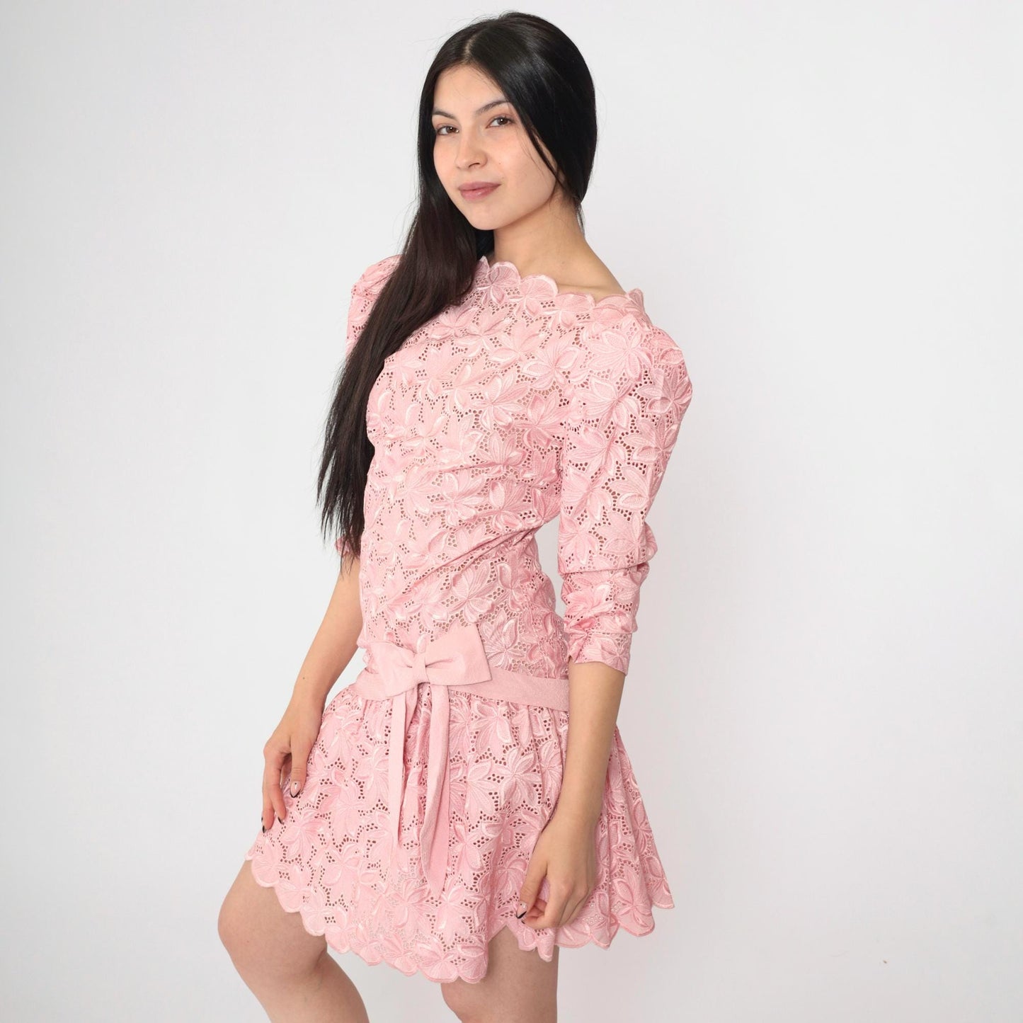 80s Baby Pink Lace Mini Dress Puff Sleeve Drop Waist Bow Extra Small
