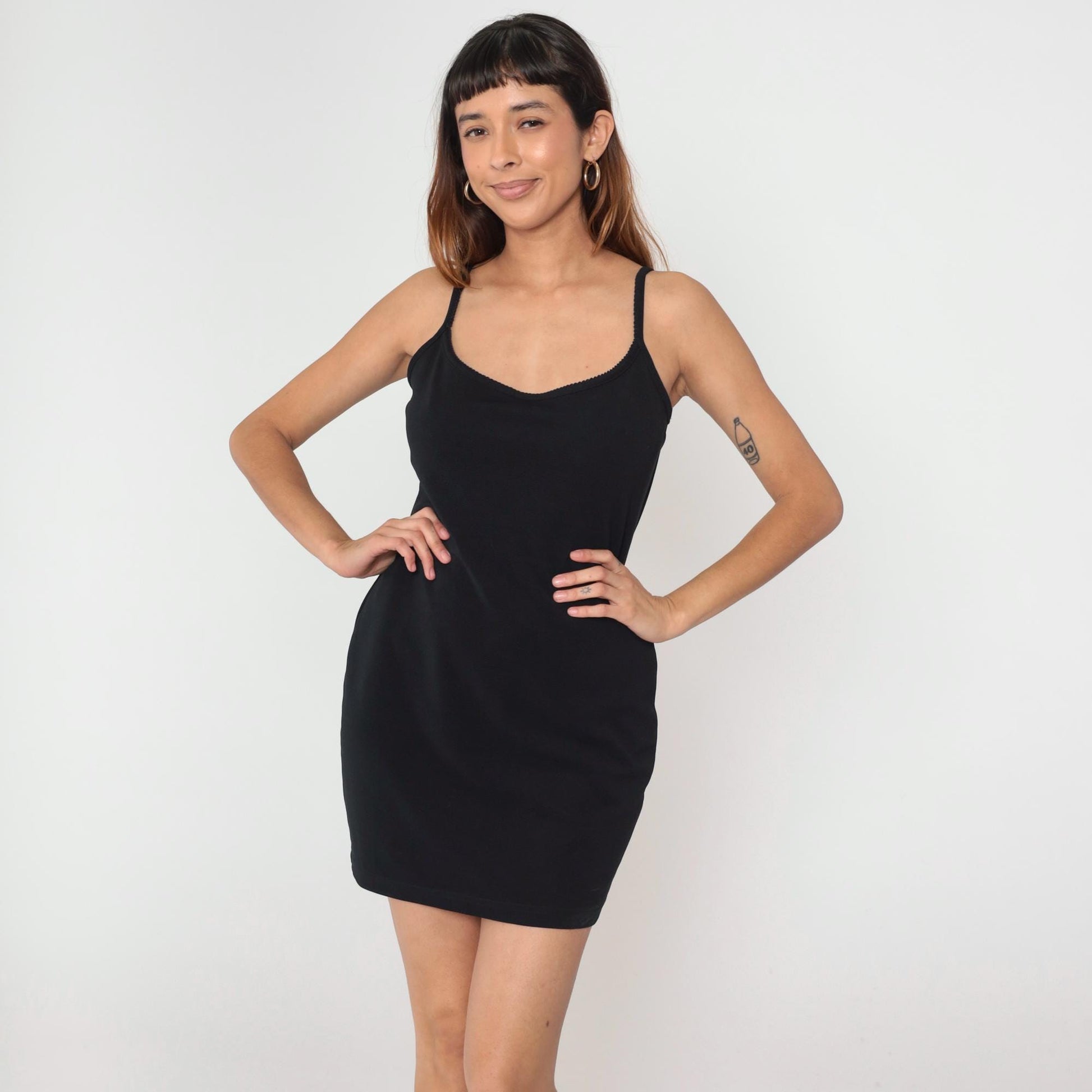 90s Black Bodycon Mini Dress Spaghetti Strap Tank Sleeveless Medium M