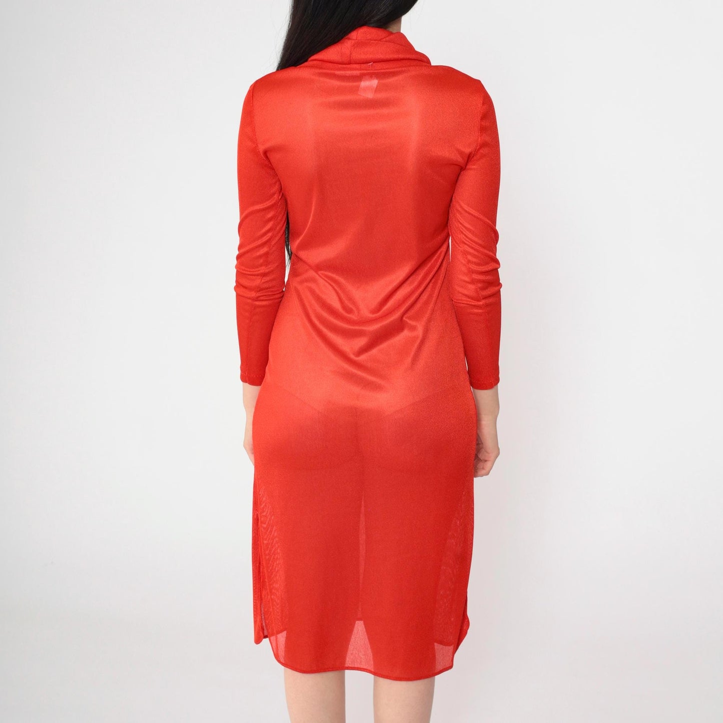 70s Red Sheer Cowl Neck Midi Dress Long Sleeve Bodycon Side Slit Small