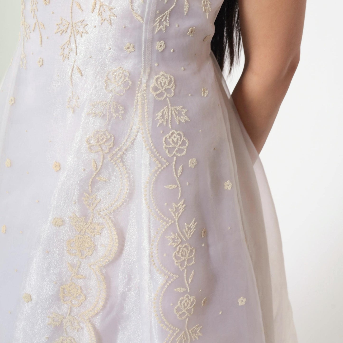 90s White Organza Midi Dress Iridescent Floral Appliqué Puff Sleeve Extra Small