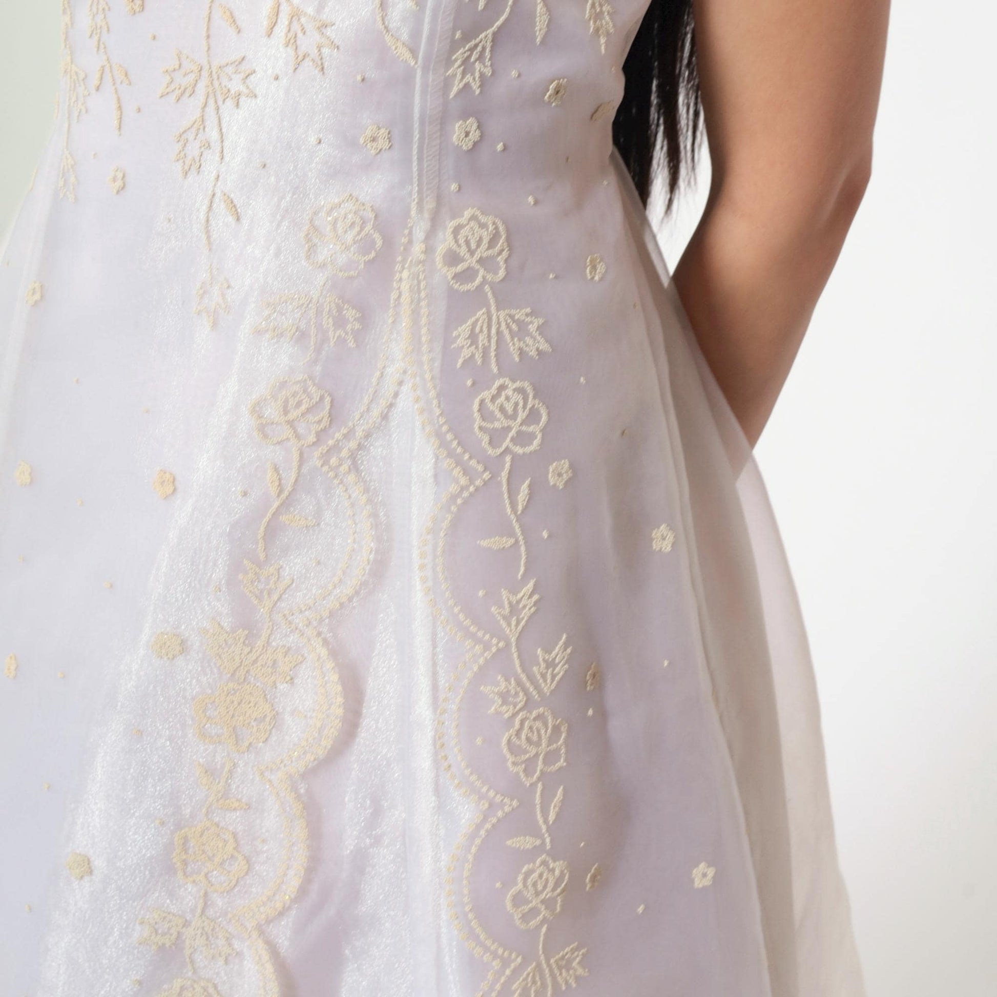 90s White Organza Midi Dress Iridescent Floral Appliqué Puff Sleeve Extra Small