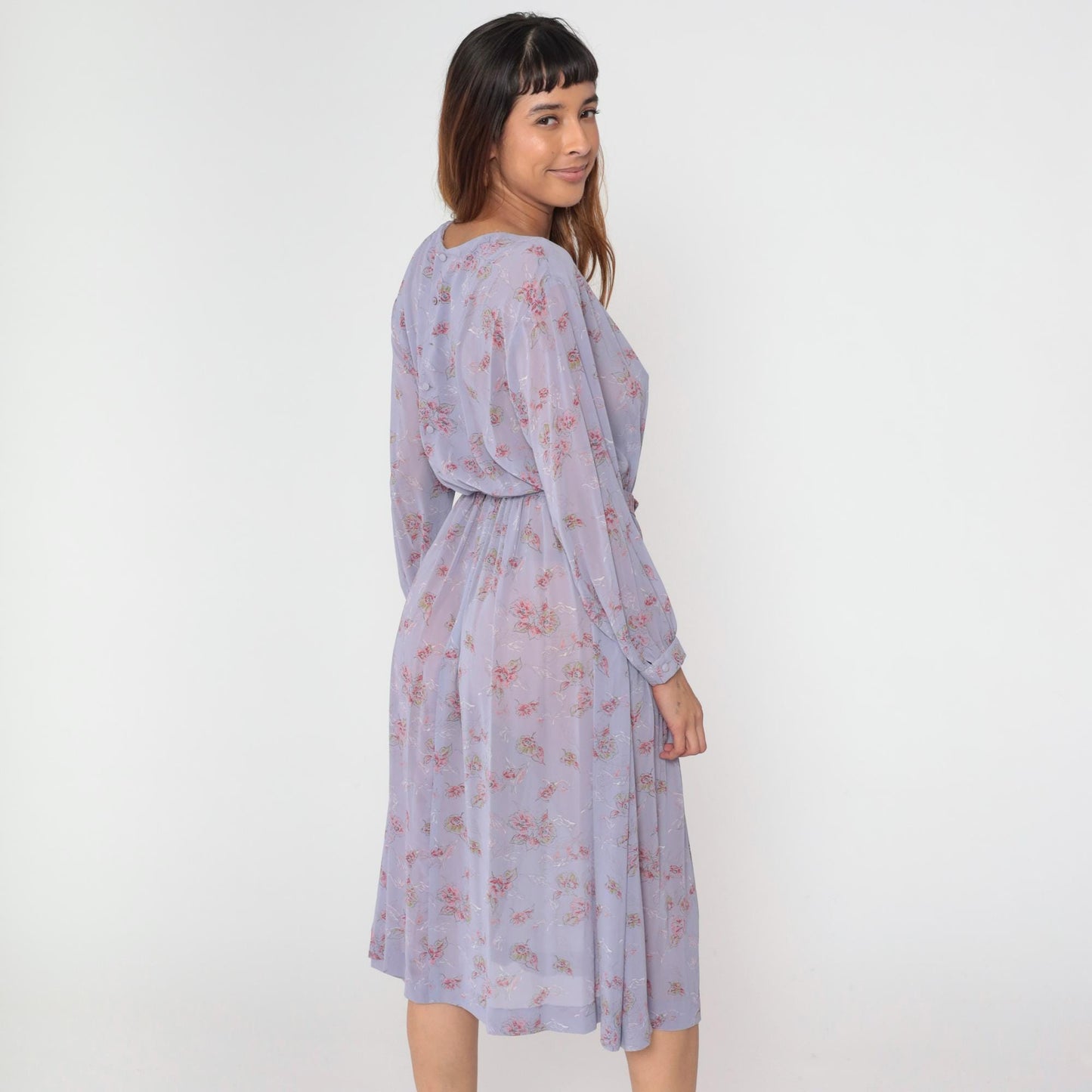 80s Lavender Floral Midi Dress High Waist Long Sleeve V-Neck Small Medium