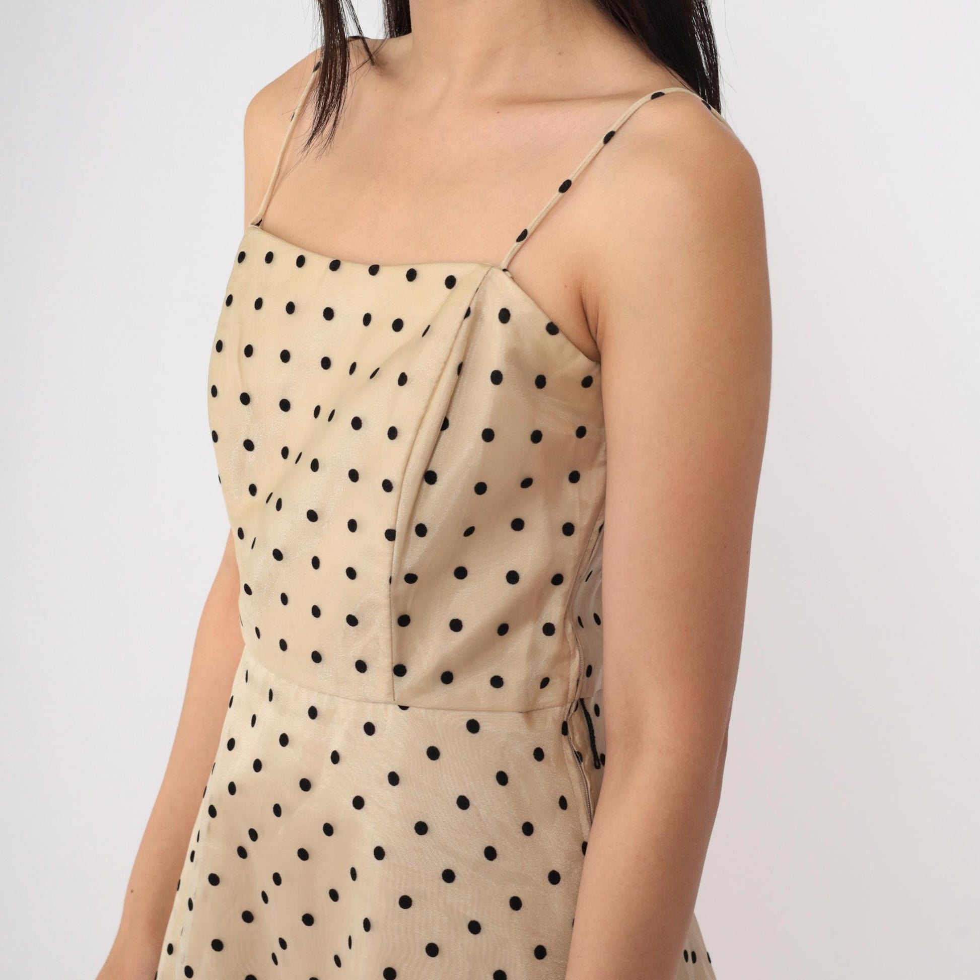 90s Betsy & Adam Beige Organza Midi Dress Black Polka Dot Spaghetti Strap Small 4