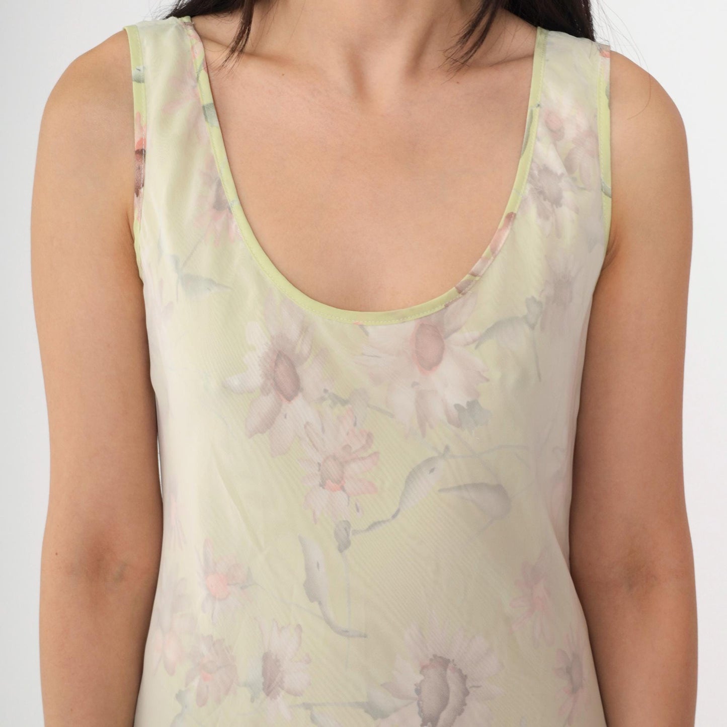 90s Green Floral Chiffon Midi Dress Sleeveless White Overlay Medium M