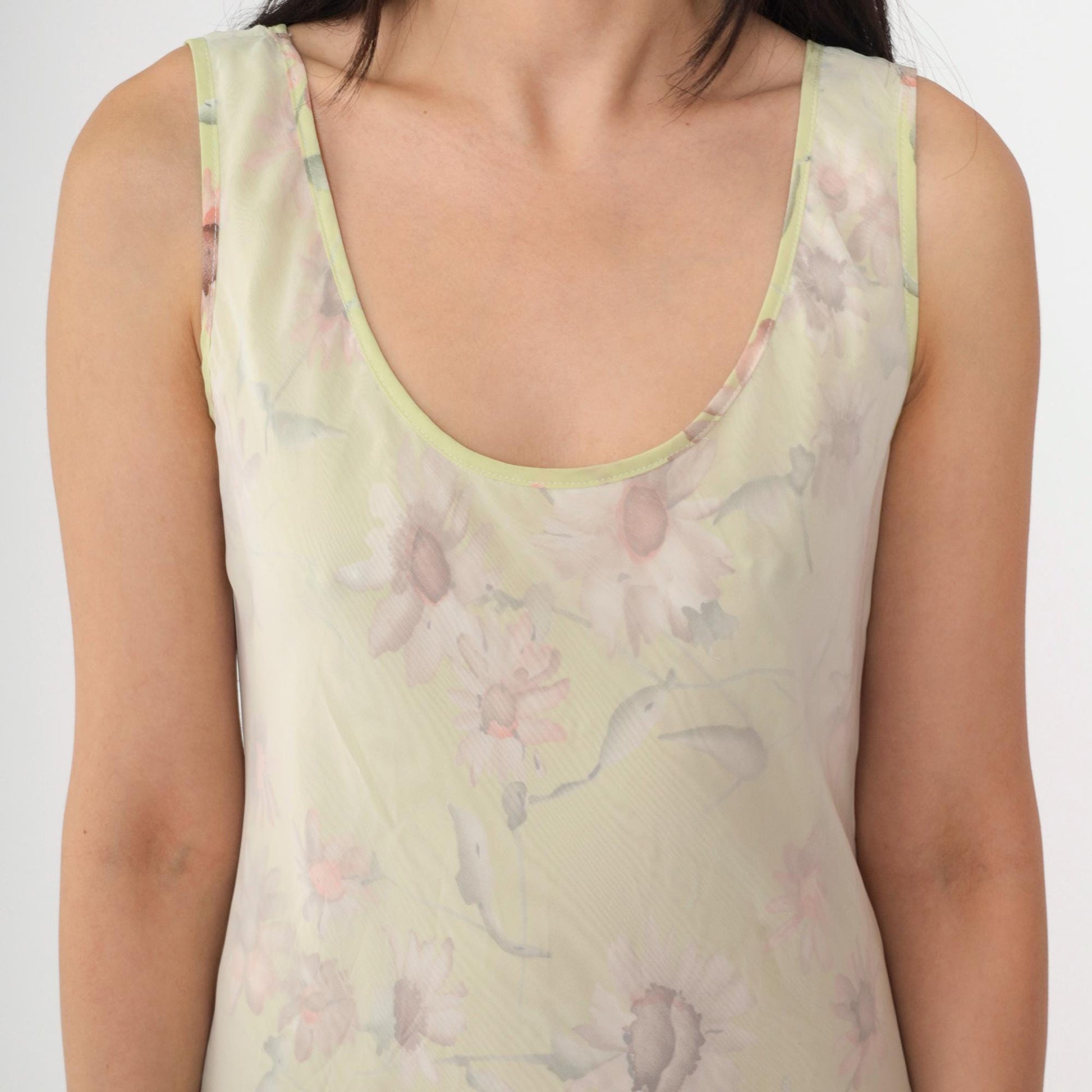 90s Green Floral Chiffon Midi Dress Sleeveless White Overlay Medium M