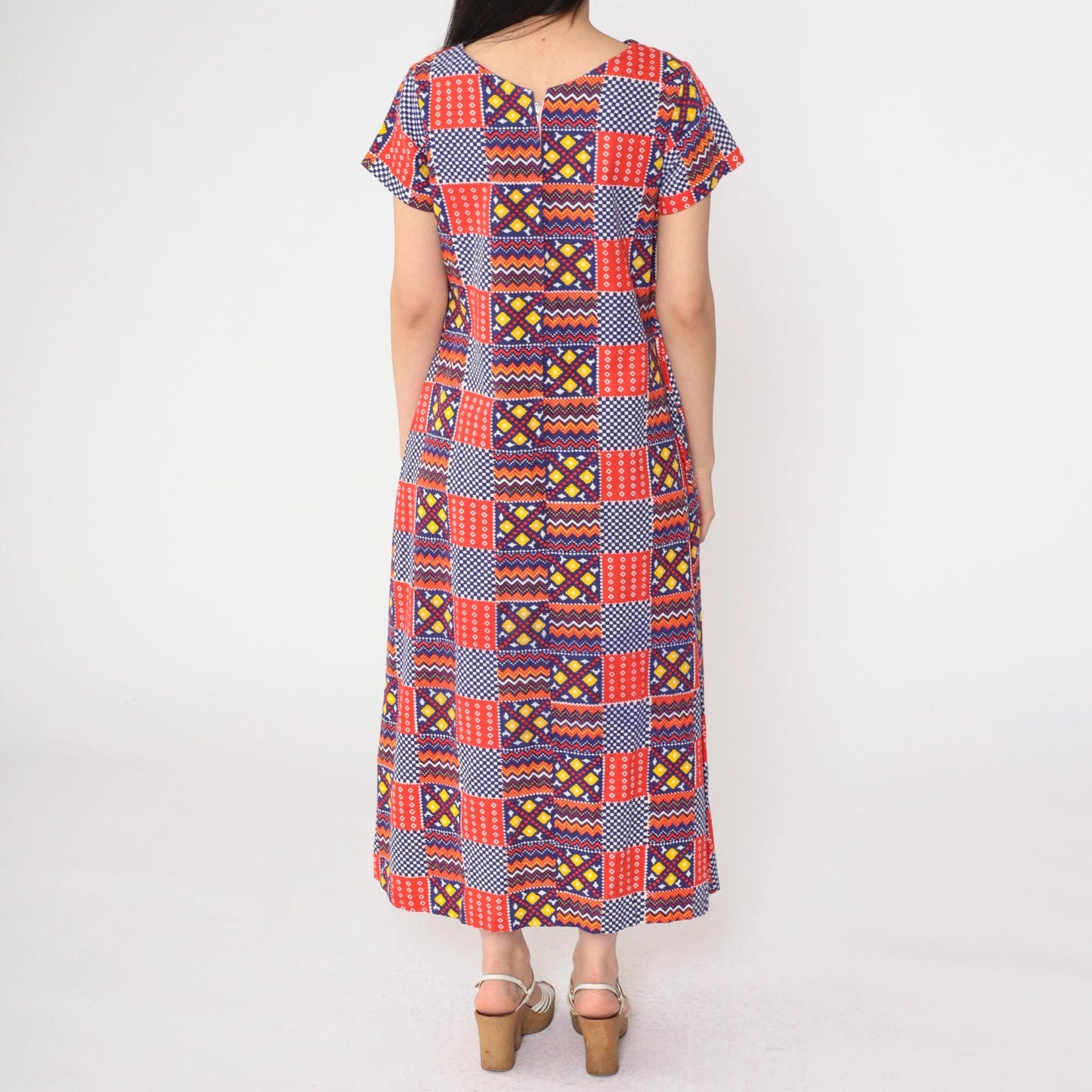 70s Patchwork Geometric Dress Empire Waist V-Neck Ankle Length Medium