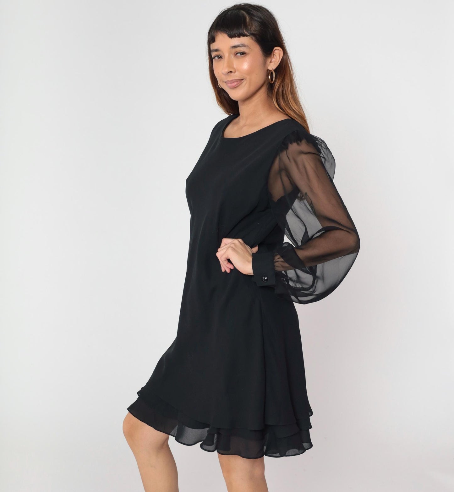 90s Black Chiffon Mini Dress Bishop Sleeve Shift Layered Ruffle Hem Large