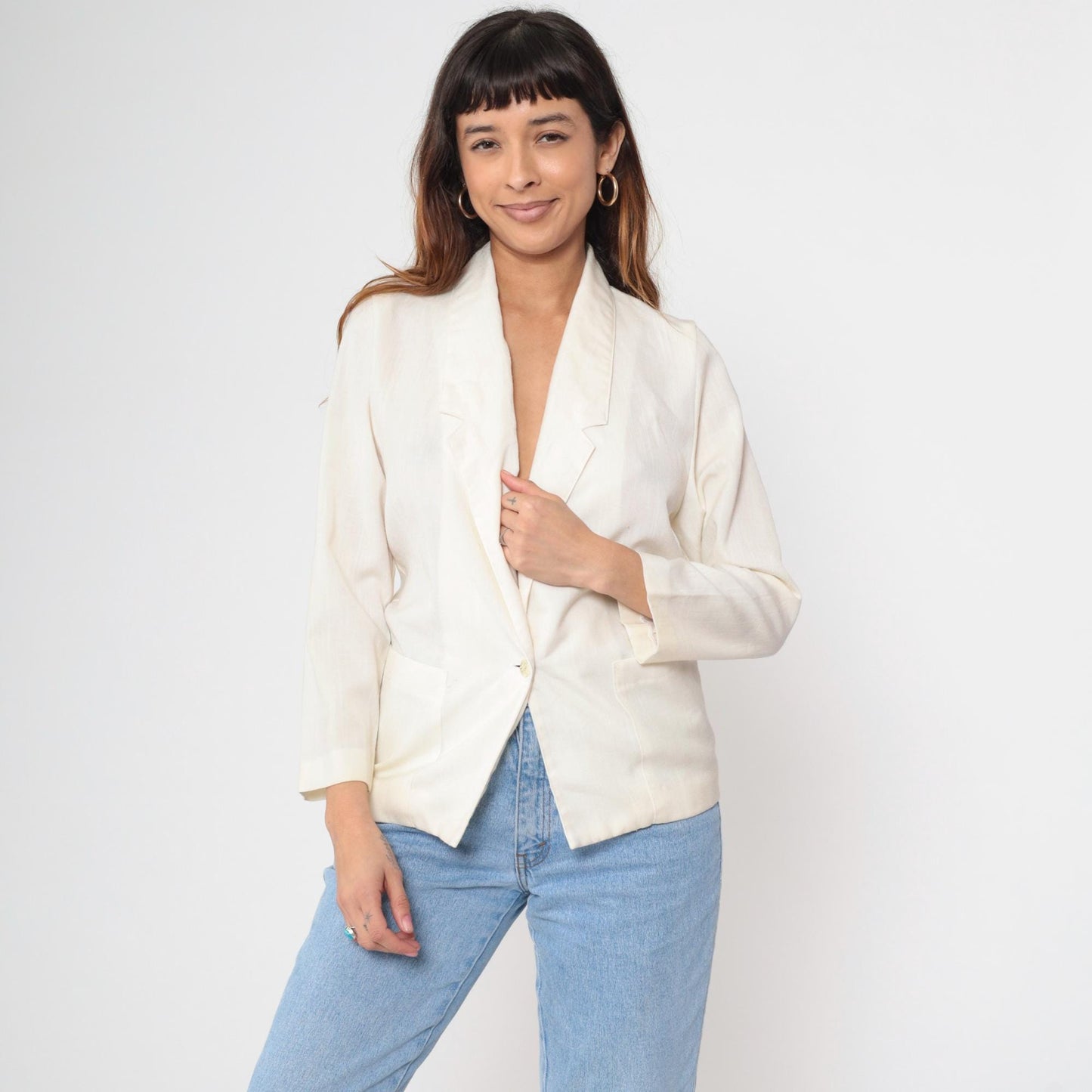 80s White Single Button Blazer Deep V Neck Structured Jacket Petite XS