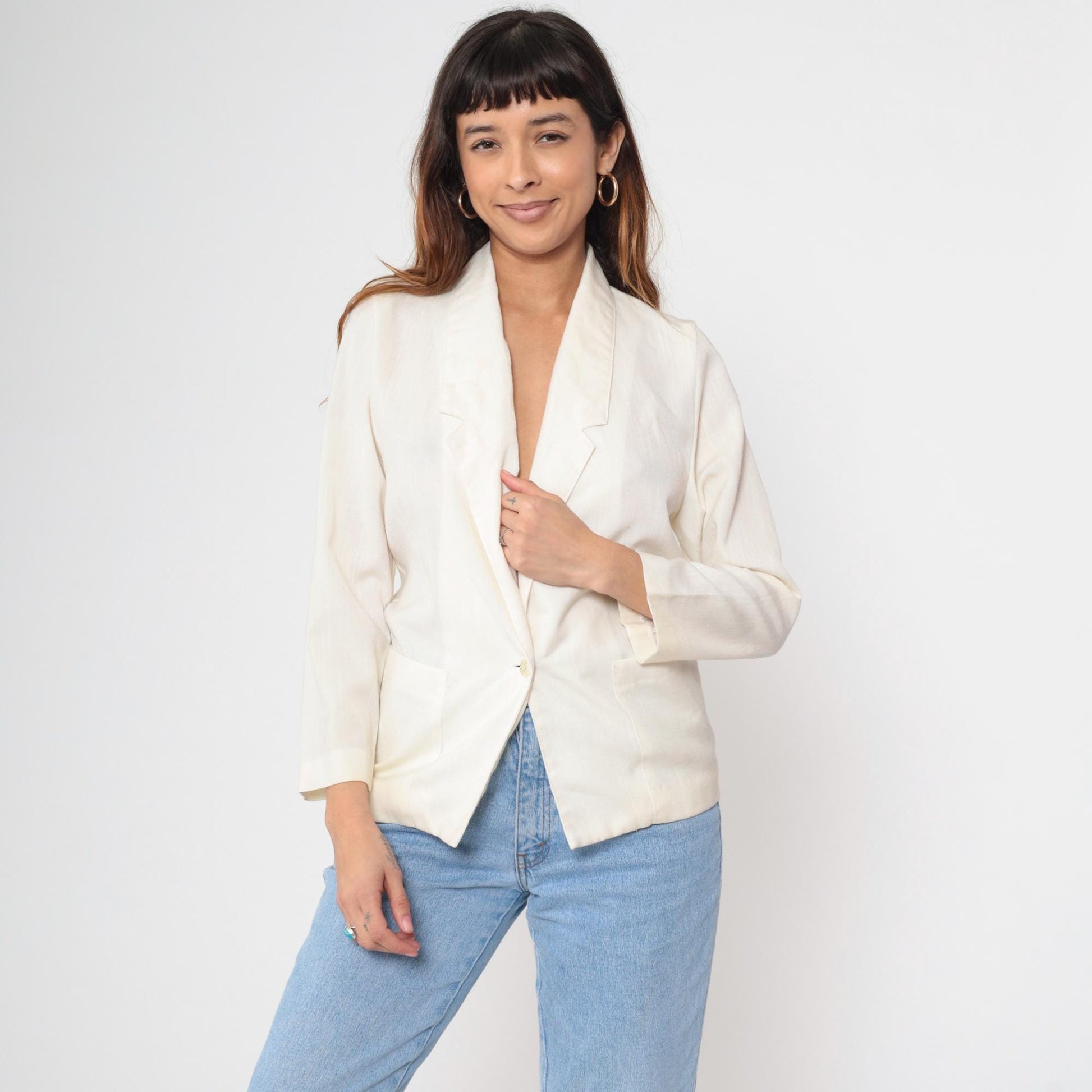 80s White Single Button Blazer Deep V Neck Structured Jacket Petite XS