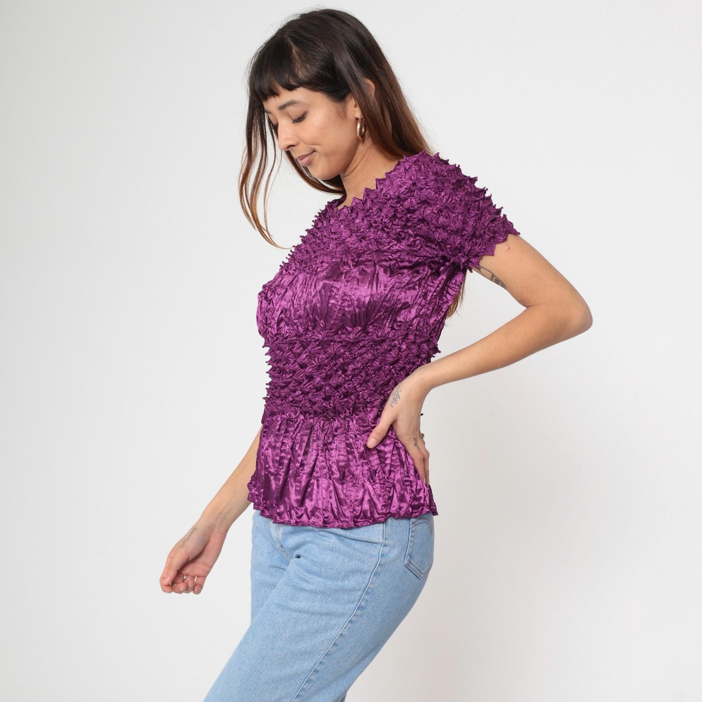 Y2K Purple Popcorn Textured Short Sleeve Top Small