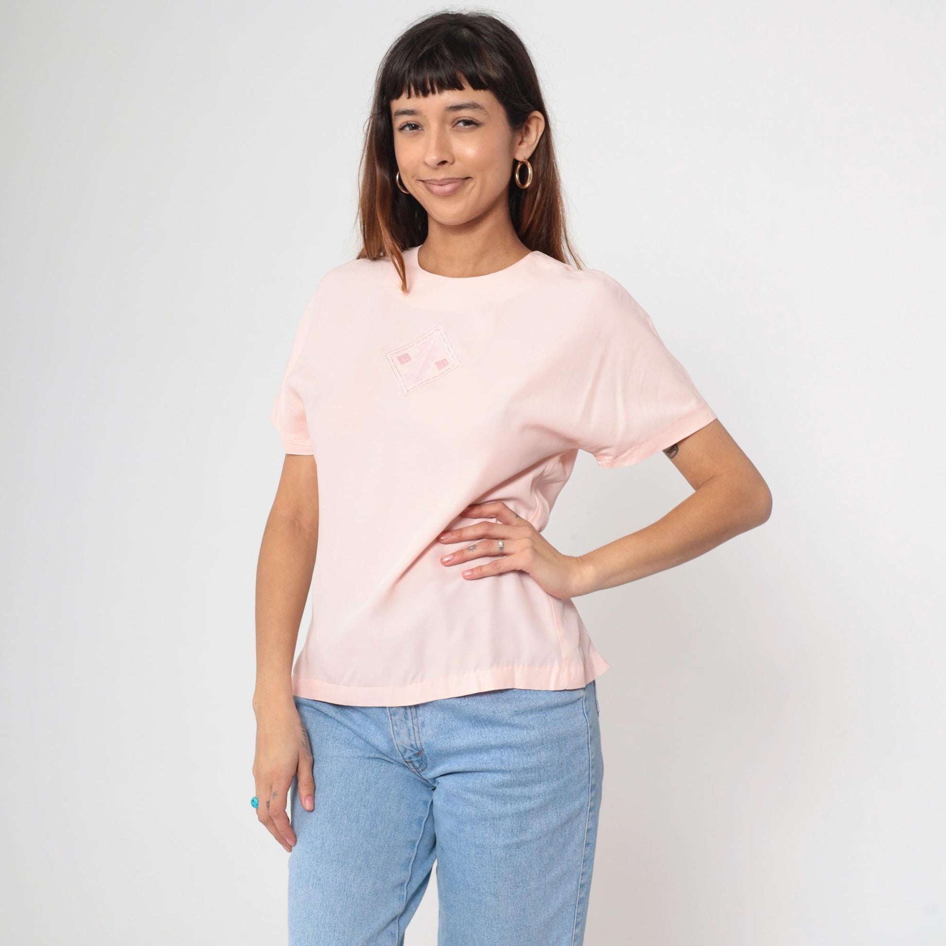 80s Nicole Blake Petites Blush Pink Embroidered Diamond Blouse Short Sleeve Small S