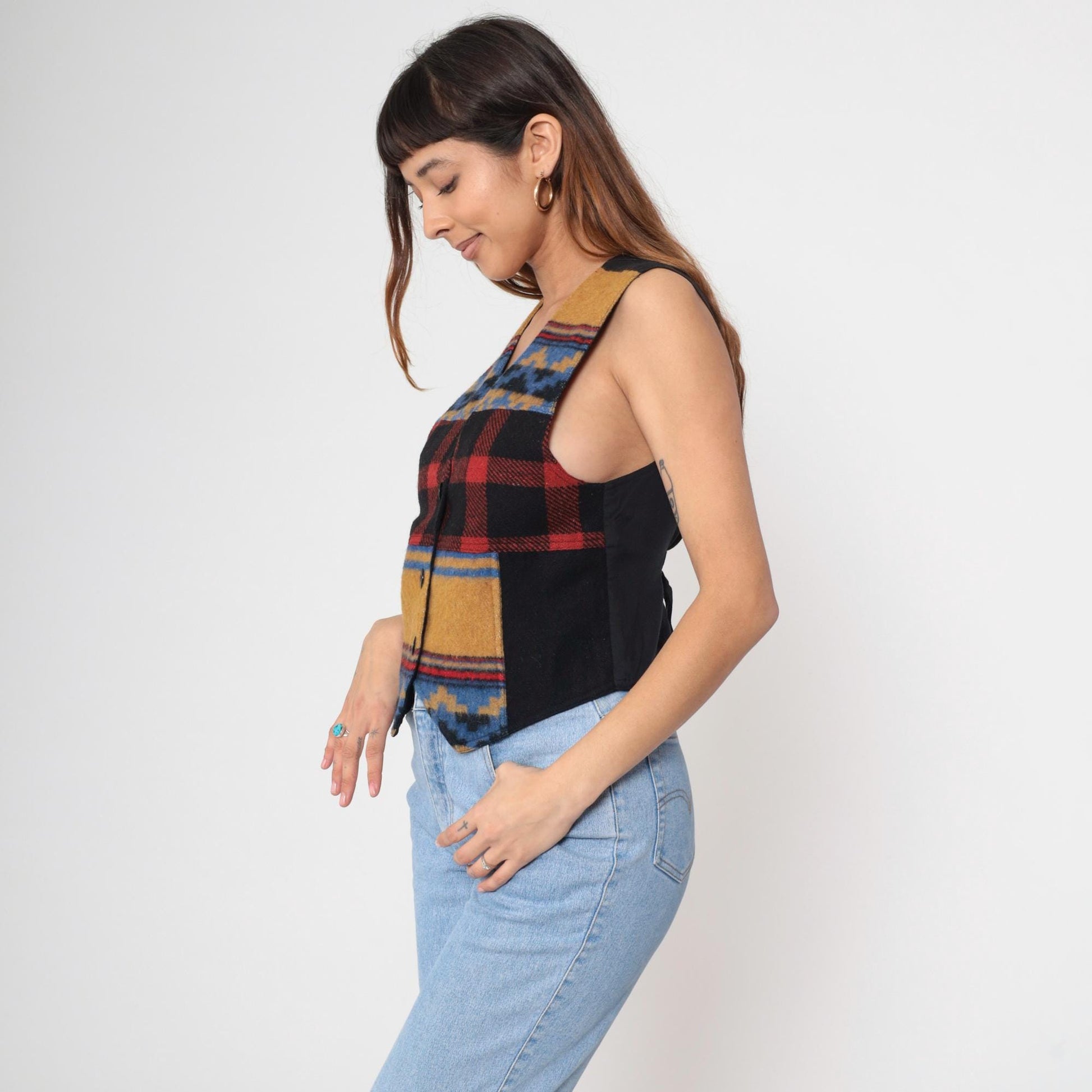 90s Southwestern Plaid Wool Vest Black Red Geometric Button V-Neck Small