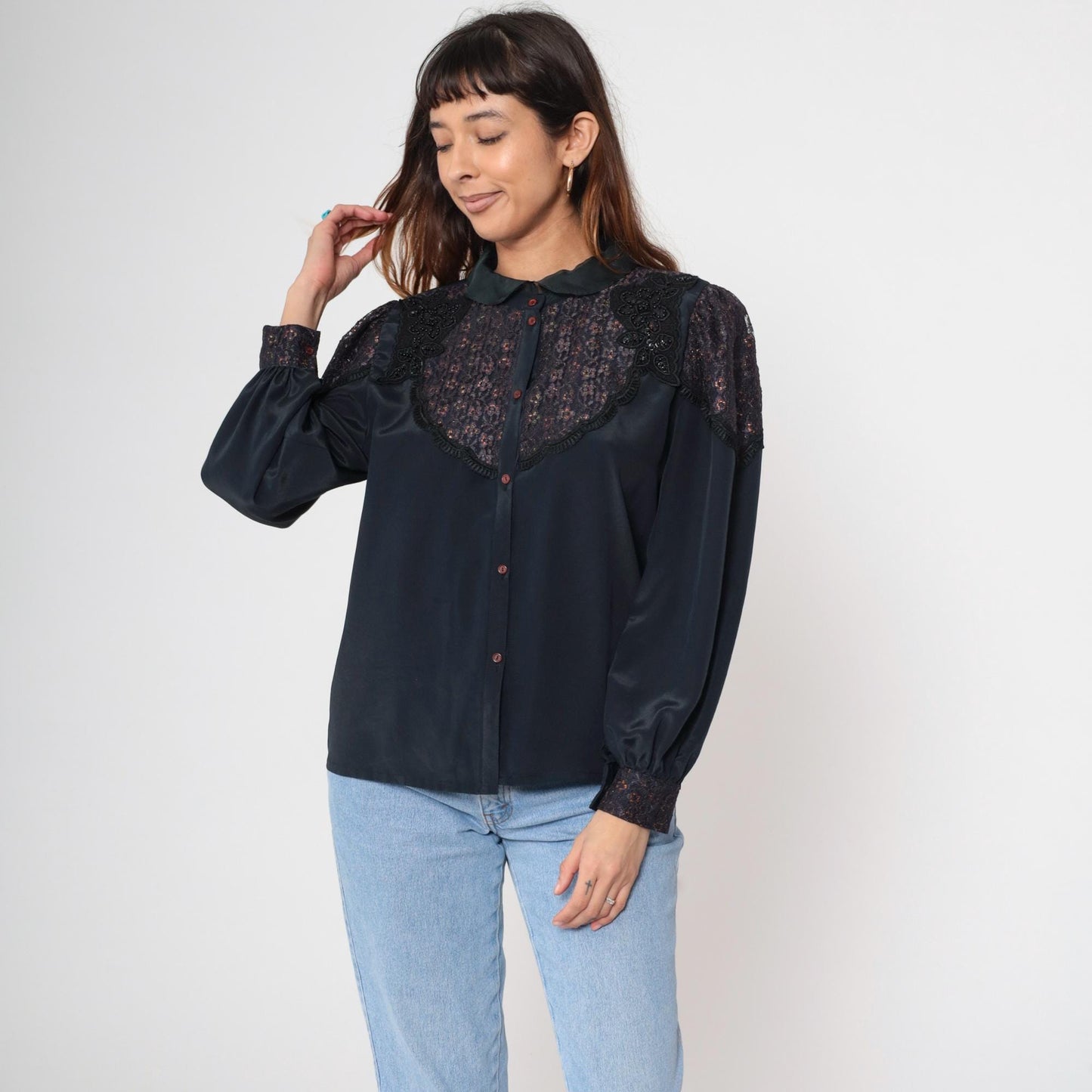 80s Black Satin Blouse Metallic Lace Yoke Beaded Sequin Puff Sleeve Medium