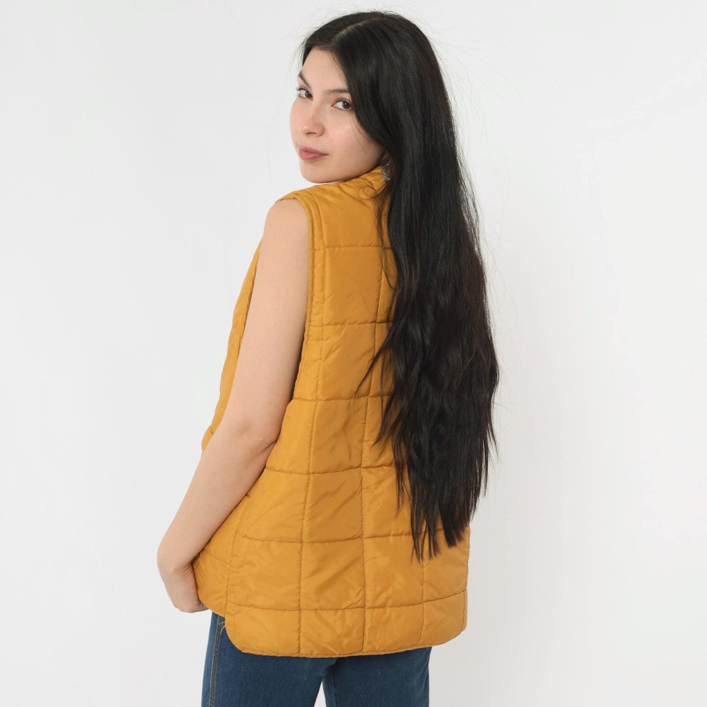 70s Western Trails Mustard Puffer Vest Quilted Faux Sherpa Lined Snap Medium