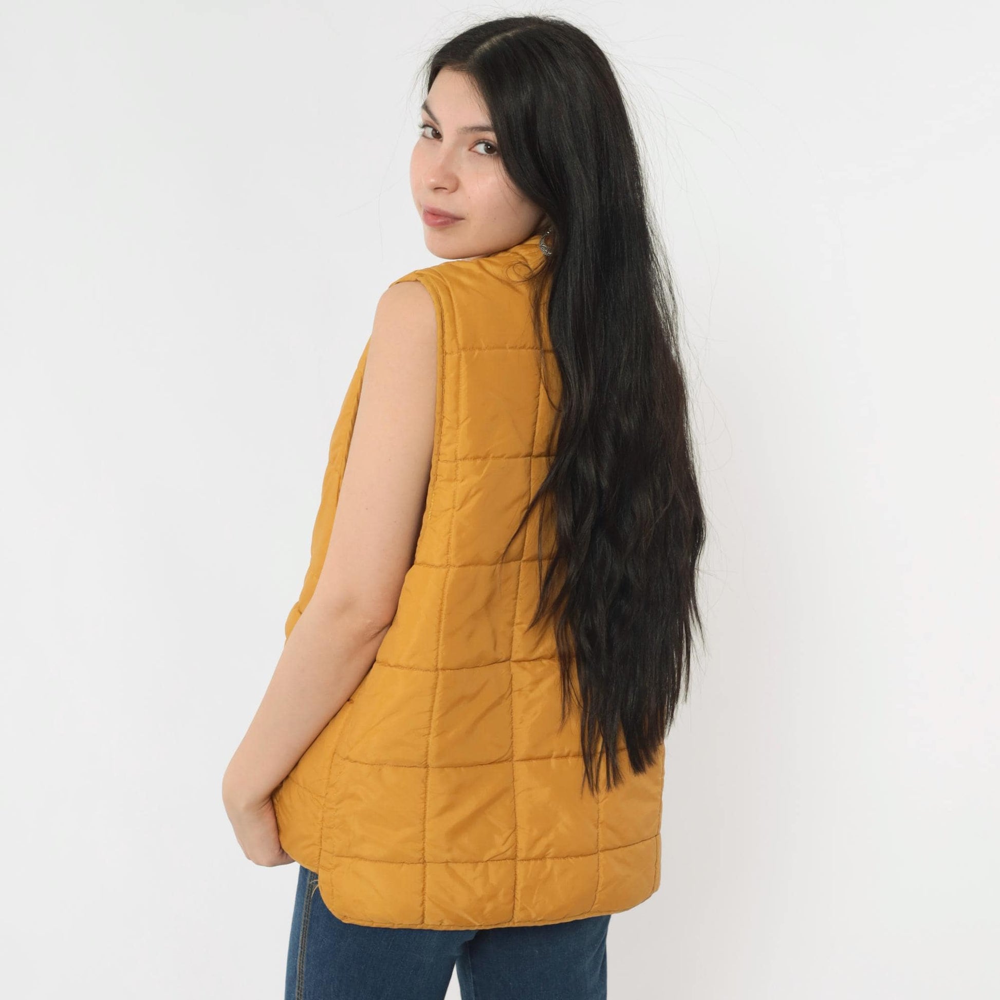 70s Western Trails Mustard Puffer Vest Quilted Faux Sherpa Lined Snap Medium