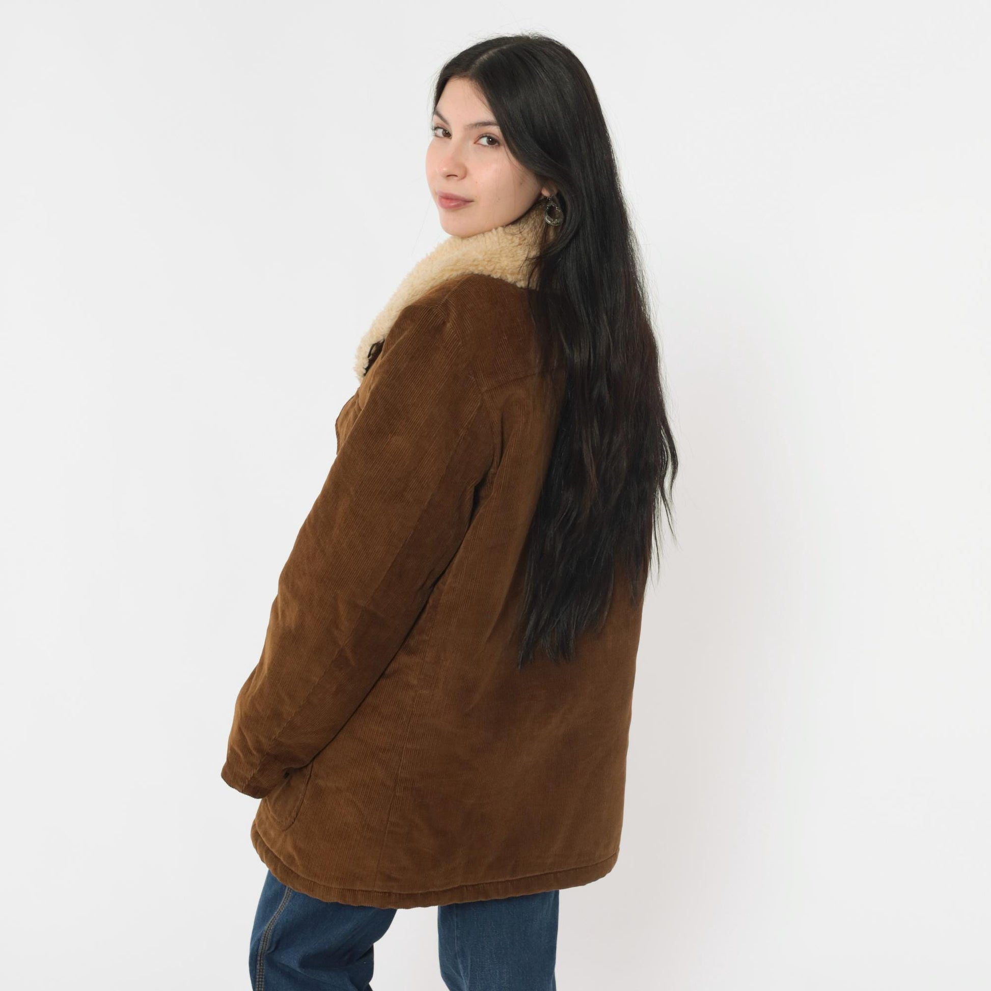70s Brown Corduroy Sherpa Jacket Men's Collared Button-Up Medium