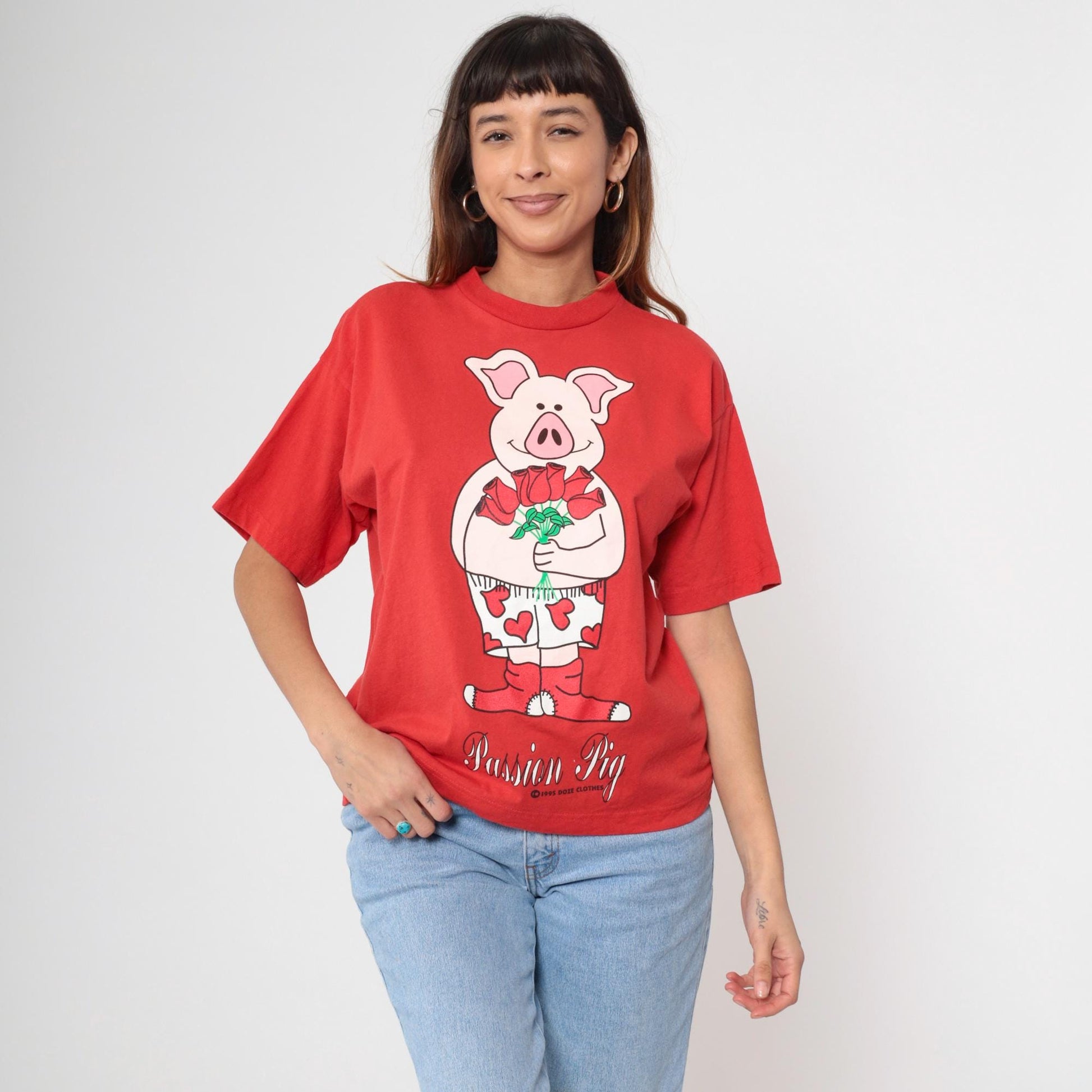90s Doze Clothes Passion Pig Graphic T-Shirt Red Cotton Crewneck Small